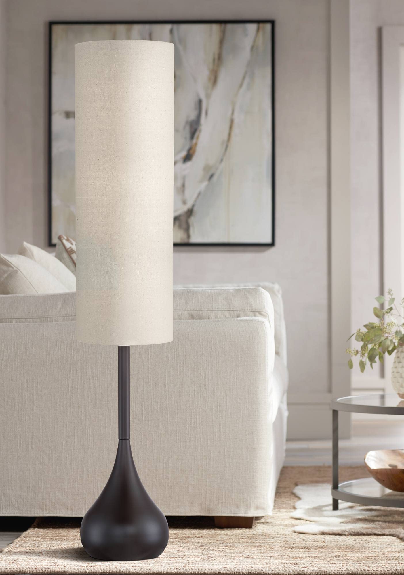 Possini Euro Design Mid Century Modern Retro Floor Lamp Standing 62'' Tall Dark Bronze Metal Droplet Off-White Cotton Cylinder S