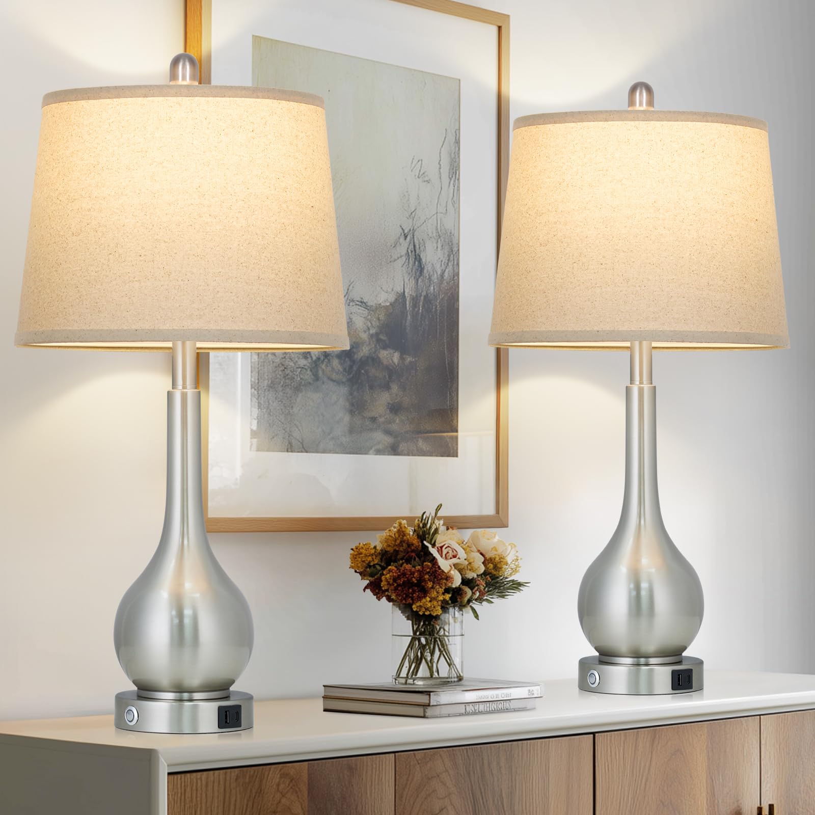 luxeflow 26 Silver Metal Table Lamps Set of 2 for Bedrooms  Touch Control Bedside Lamps for Nightstand with Charging Port  3-Way Dimmable End Table Lamp for Living Room (2 LED Bulbs Included)