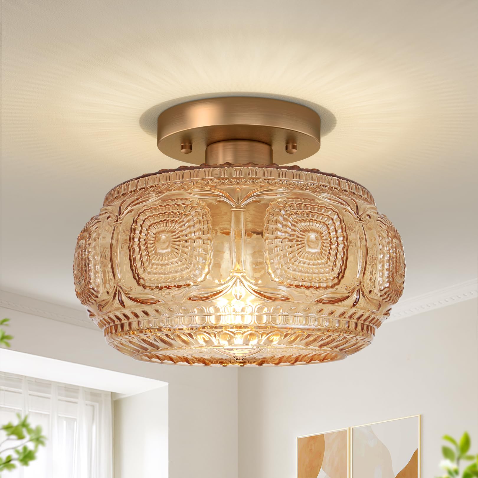 Oykyohei Semi Flush Mount Ceiling Light, Amber Globe Glass Ceiling Light Fixture, Art Deco Kitchen Lighting Fixtures Ceiling For
