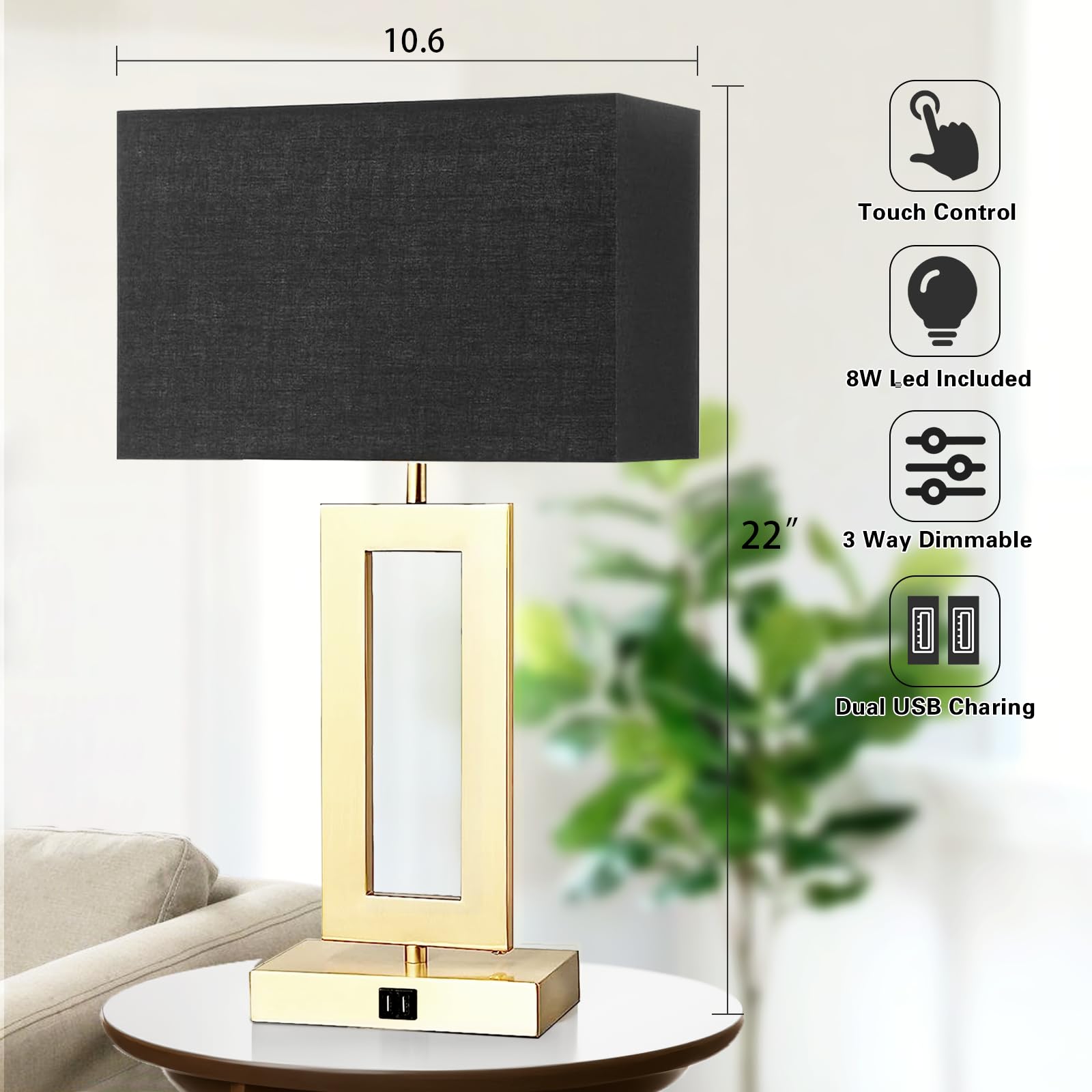Gernehop Black Table Lamps Set Of 2 With Dual Usb Ports,3-Way Dimmable Touch Control Bedside Lamps,22Inch Tall Modern Bedroom Ta