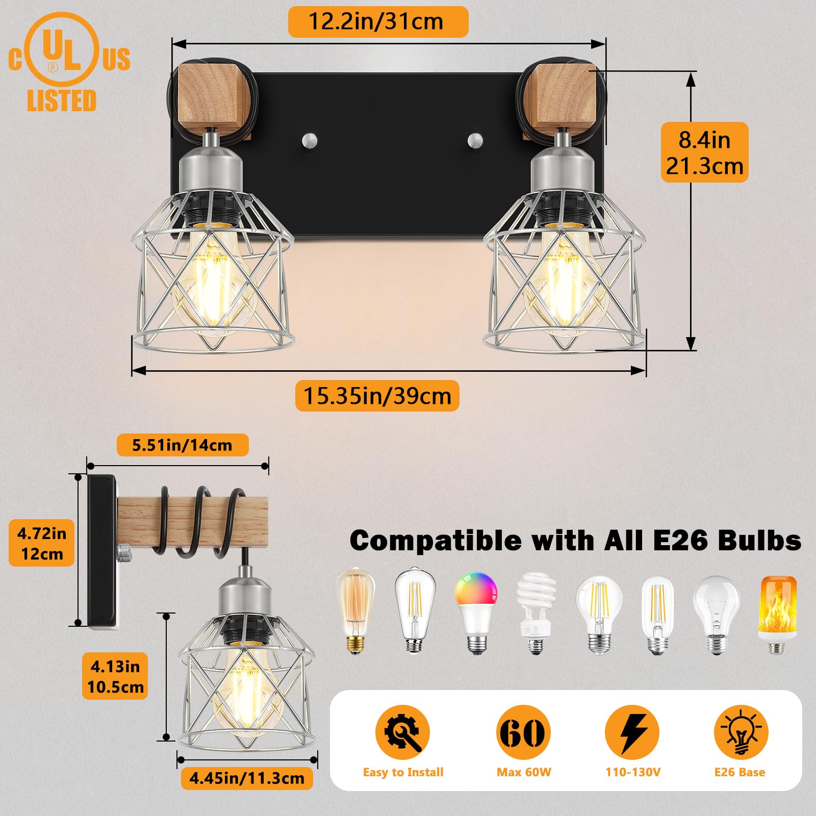 FadimiKoo Rustic 2-Light Bathroom Vanity Fixtures, Black & Silver Metal Shade, Wood & Metal, Model BS-XLZ-2 Lights