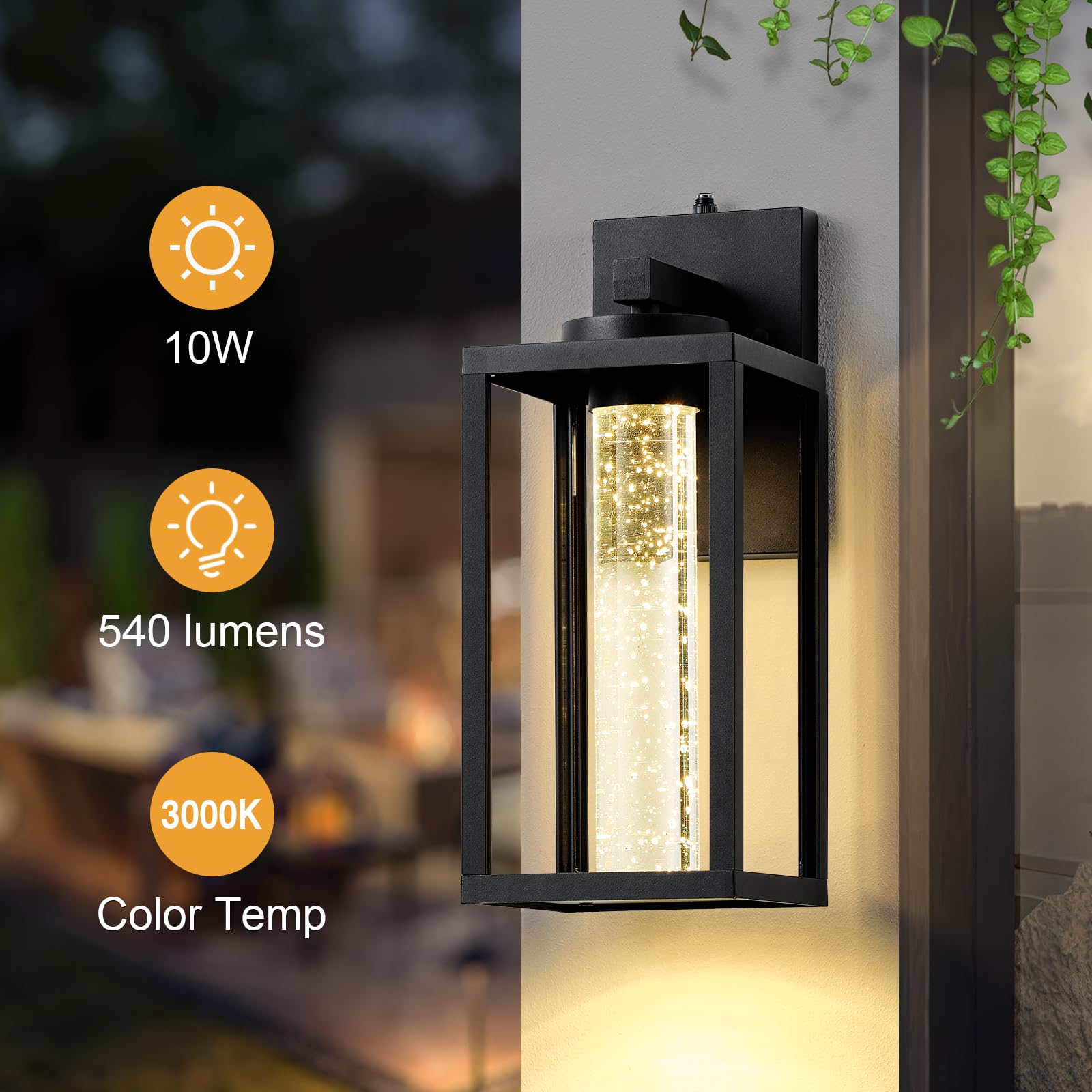 Vianis Large Exterior Lighting Fixtures, Black Outdoor Porch Lights For House, 10W Led Modern For Patio With Crystal Bubble Glas