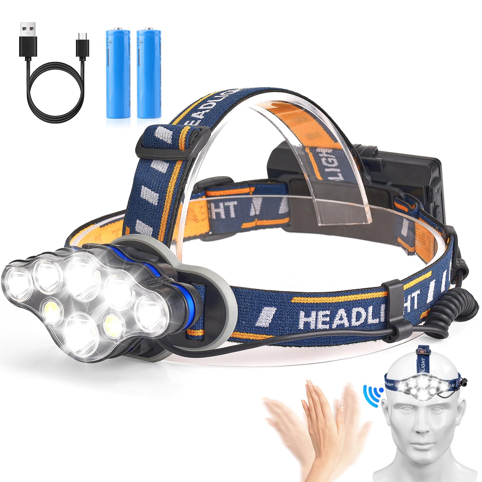 Elmchee Rechargeable Headlamp, 18000 Lumen, 8 LED, 16 Modes, Waterproof, Blue, Model zm-headlamp