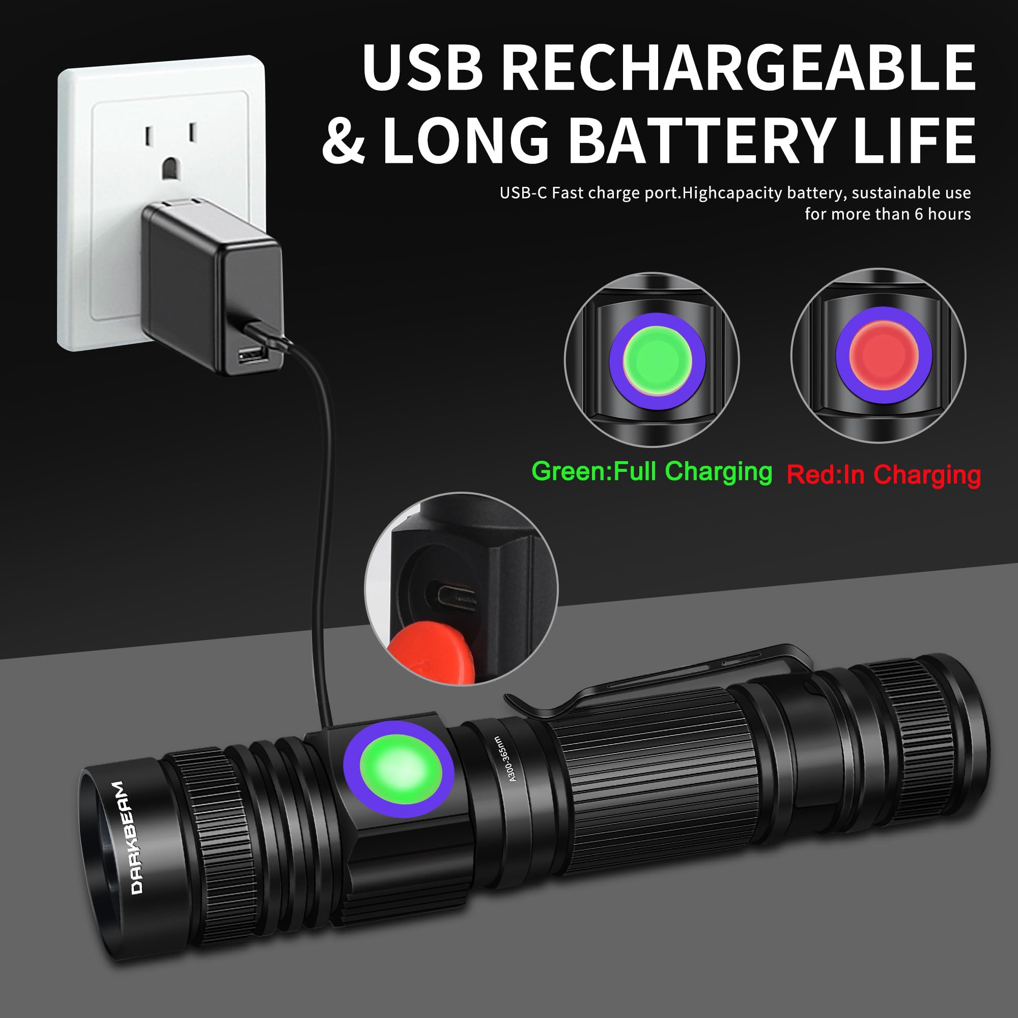 DARKBEAM UV Flashlight A300 - Rechargeable 365nm LED, Pocket-size, Aluminum, Black Light for Pet Urine Detection and Stain Removal