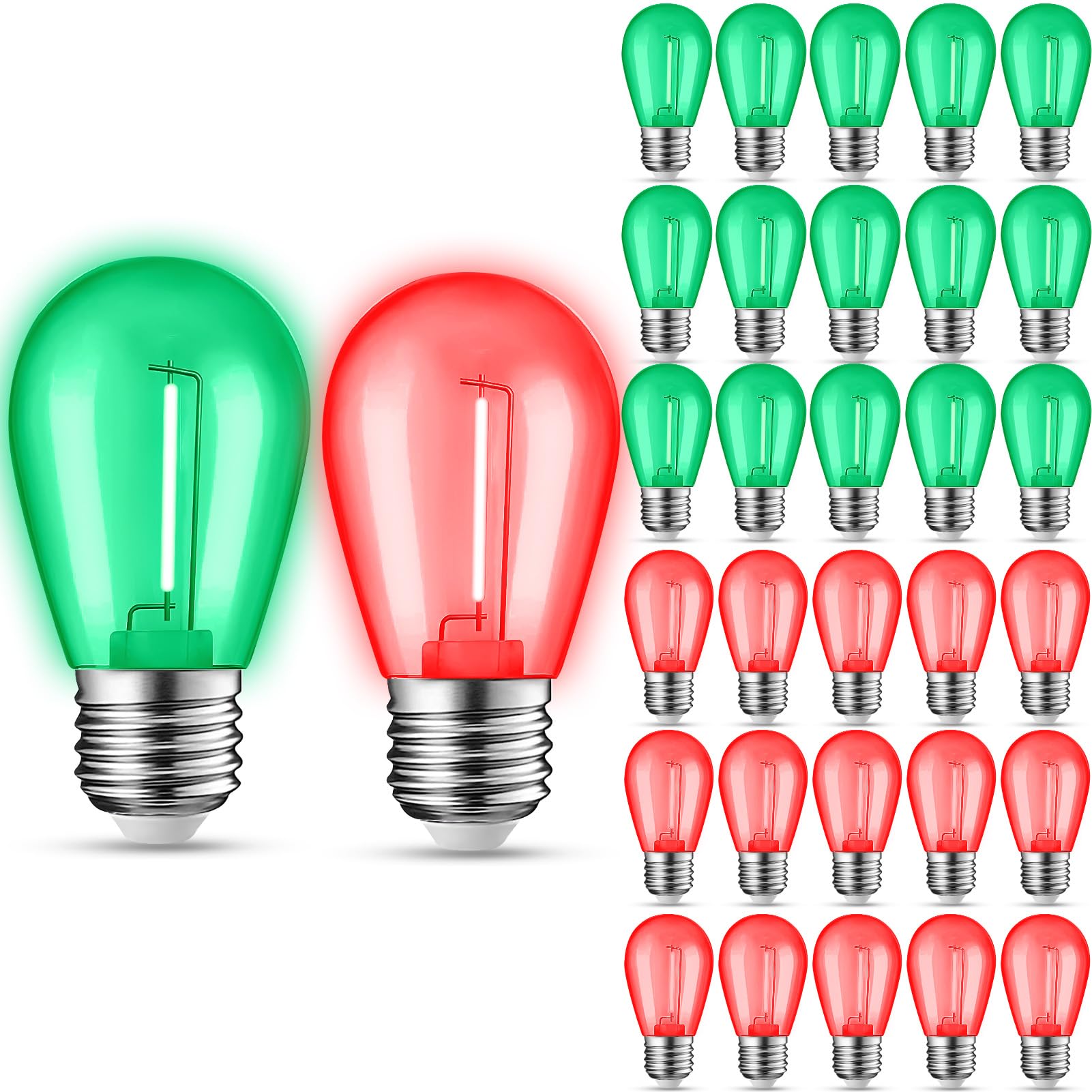 Jaheks 30-Pack Red Green String Light Bulbs, S14 Led Replacement Bulbs For Outdoor String Lights, Patio Light Bulbs, 1W E26 Base