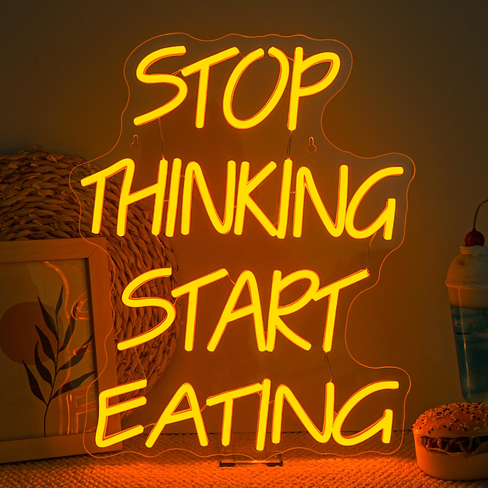 Dreamfort Stop Thinking Start Eating Neon Sign - Fun Led Wall Decor For Restaurants  Kitchens & Food Lovers  Usb-Powered With Adjustable Brightness  Humorous Dining Lighting
