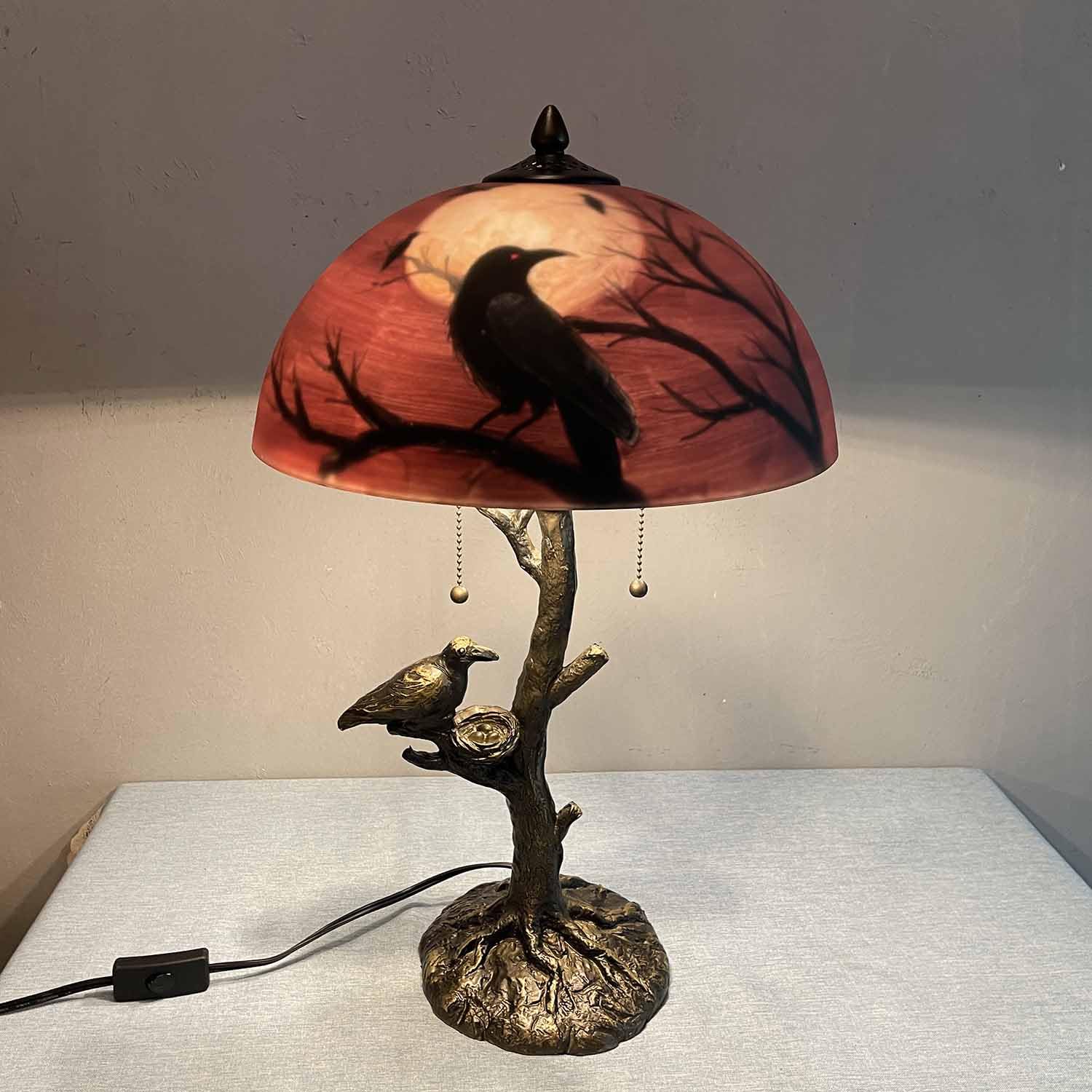 Bieye Hand-Painted Glass Table Lamp with Raven Nest Base, 14" D x 14" W x 22" H, Black Red, Model L10969, Perfect for Halloween Decor
