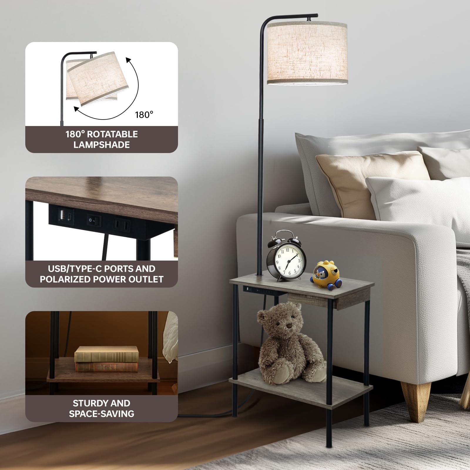 EOEYYOYB Floor Lamp with USB Charging Port, Gray End Table with Drawers, 3 Color Temperature LED Bulb Included