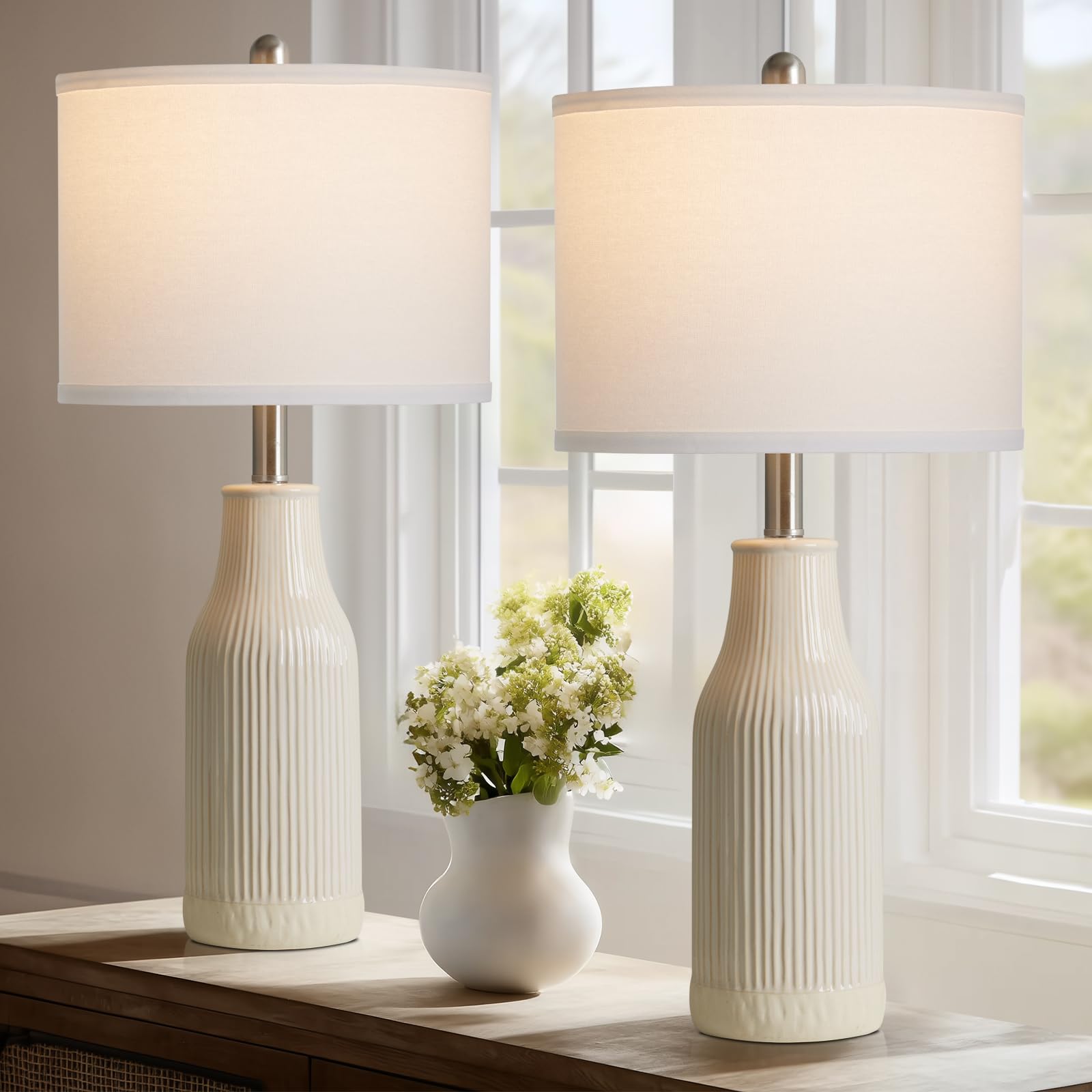 luxeflow 24.5 Ceramic Table Lamps Set of 2, Modern Farmhouse Bedside Lamps for Bedroom Nightstand, Small Table Lamp for Living R
