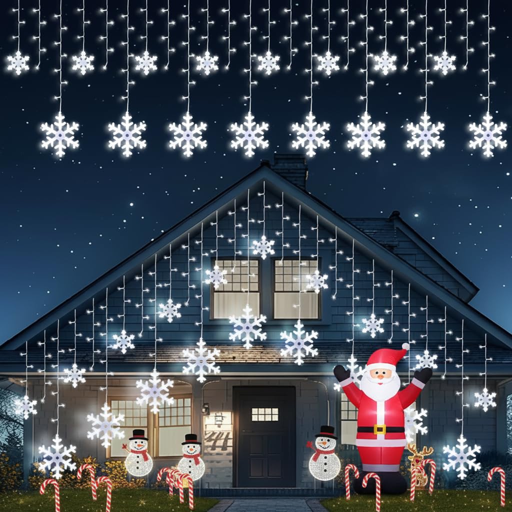 Brightown Snowflake Christmas Lights,20Ft 228 LED Icicle Lights for Outside with 24 Drops, Connectable Curtain String Lights for