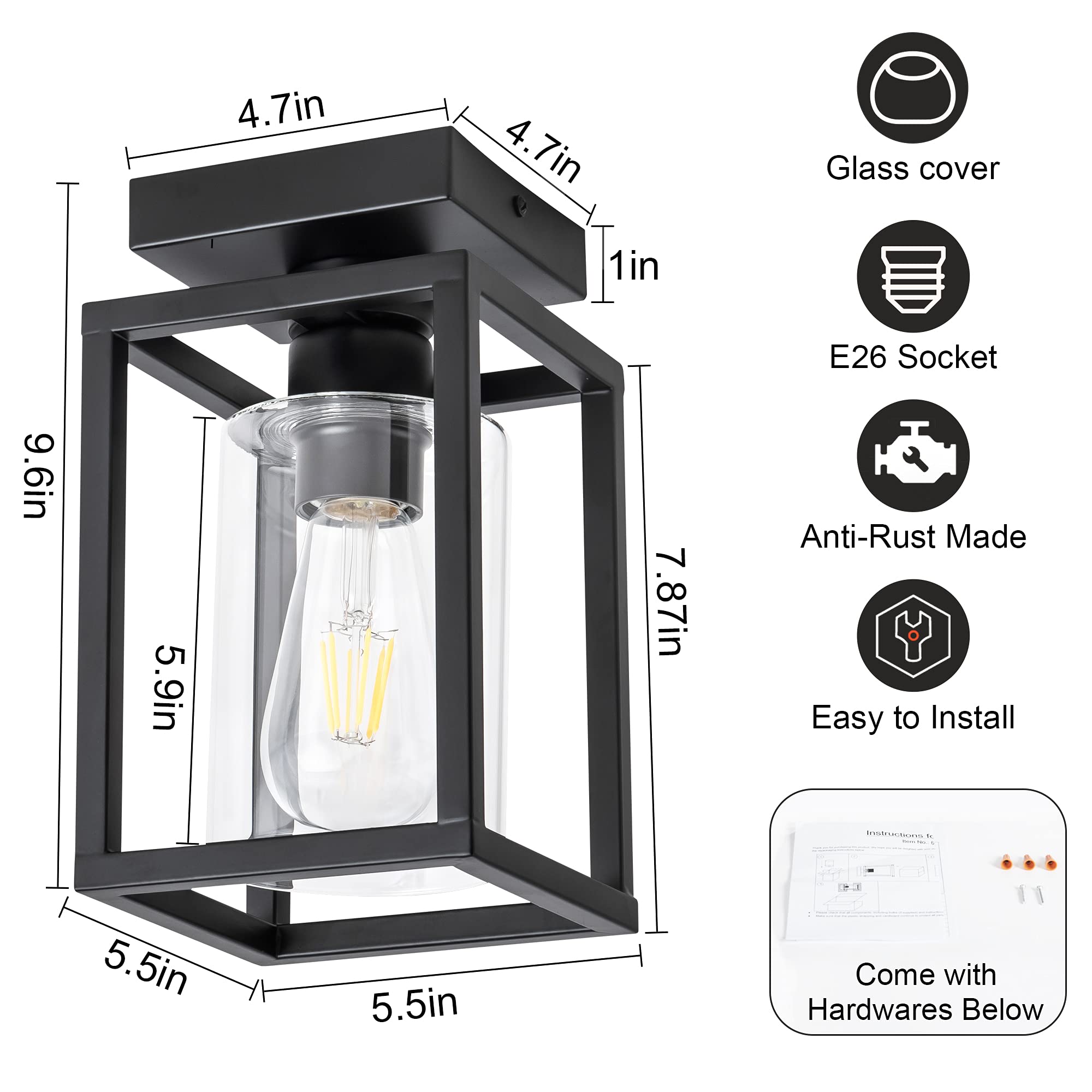 Mayful Flush Mount Ceiling Light Fixture With Clear Glass Shade, Farmhouse Black Metal Frame Light Fixture For Kitchen Island En