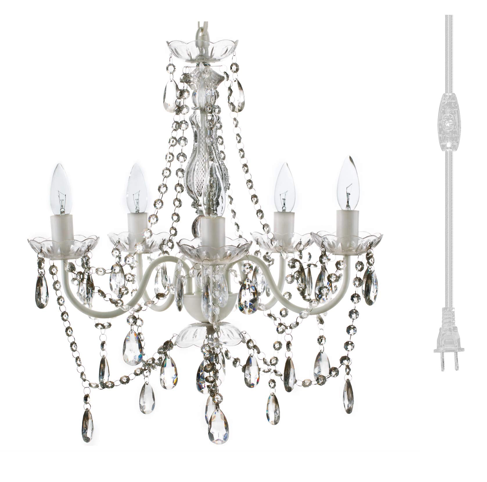 Gypsy Color Plug-In 5 Light Crystal White Chandelier, H21Xw19, Acrylic Crystals, Metal Frame, Model Gymdclp
