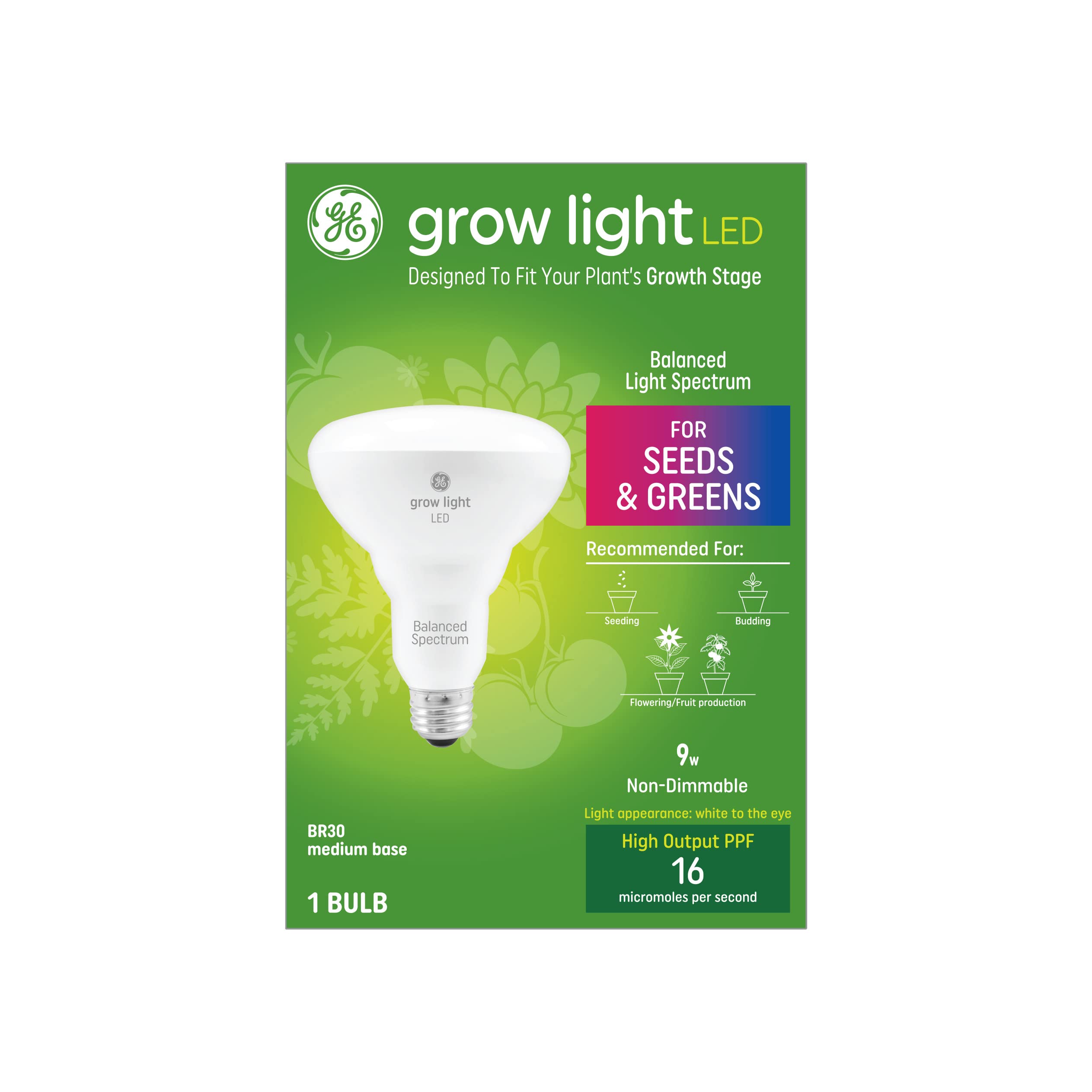 GE Grow Light LED Indoor Flood Light Bulb, 9 Watts, Medium Base, Balanced Light Spectrum for Seeds & Greens, 1 Pack