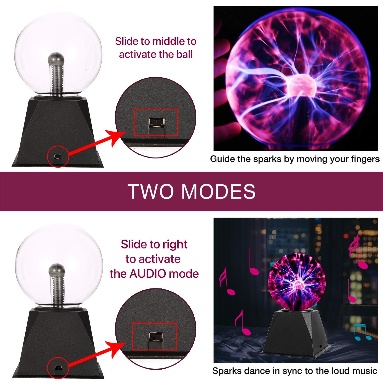 Gresus 5 Inch Plug-In Magic Plasma Ball Lamp - Touch & Sound Sensitive Interactive Plasma Lamp Nebula Sphere Globe, Science Educ