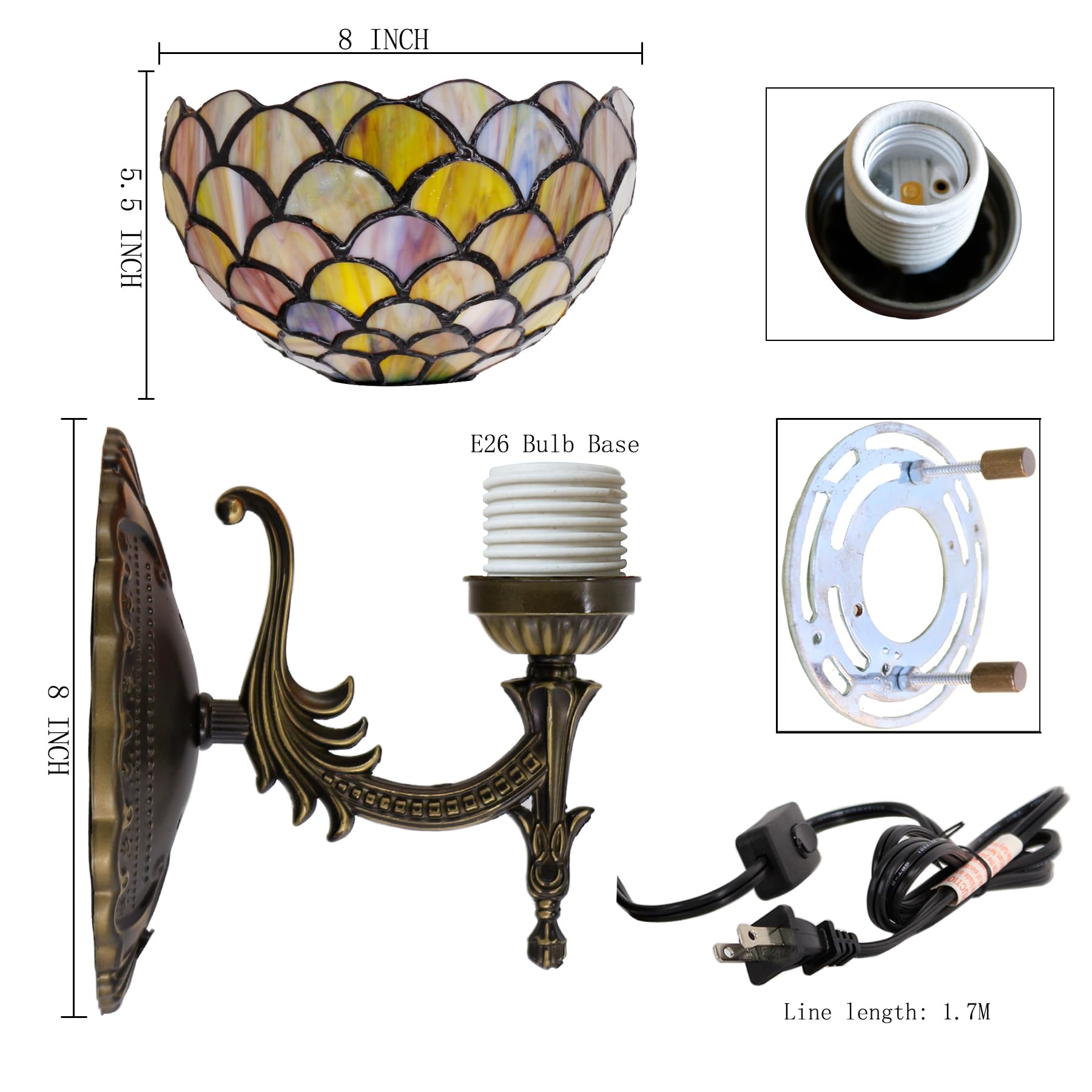 Avivadirect Tiffany Wall Sconce Lamp Plug In Or Hardwire Wall Light With 8 Inch Brown Fish Scales Stained Glass Lampshade 8X10.5