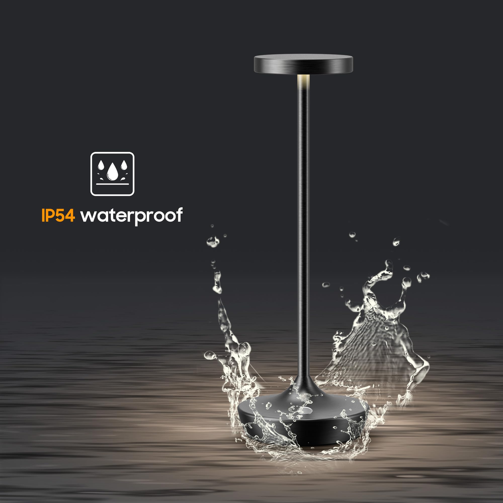 YHT Cordless Table Lamp - 6000mAh Rechargeable LED, Waterproof, 3-Color Dimming, 1 Pack, Black