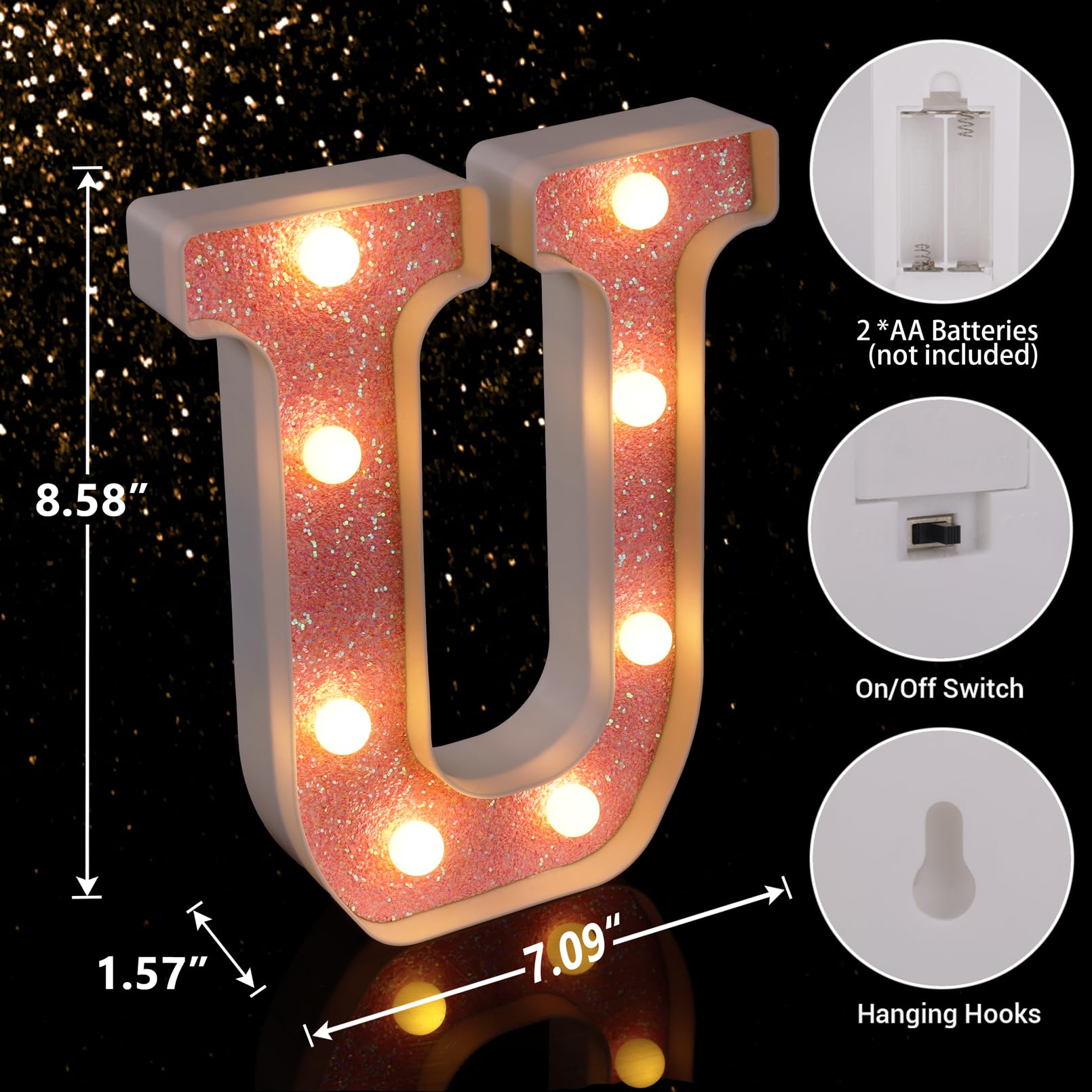 TRONSBOO LED Letter Lights Marquee Sign, Pink Glitter, Battery Powered, 7.09inx8.58inx1.57in, Model Pink-Light-U, Home Party Decoration