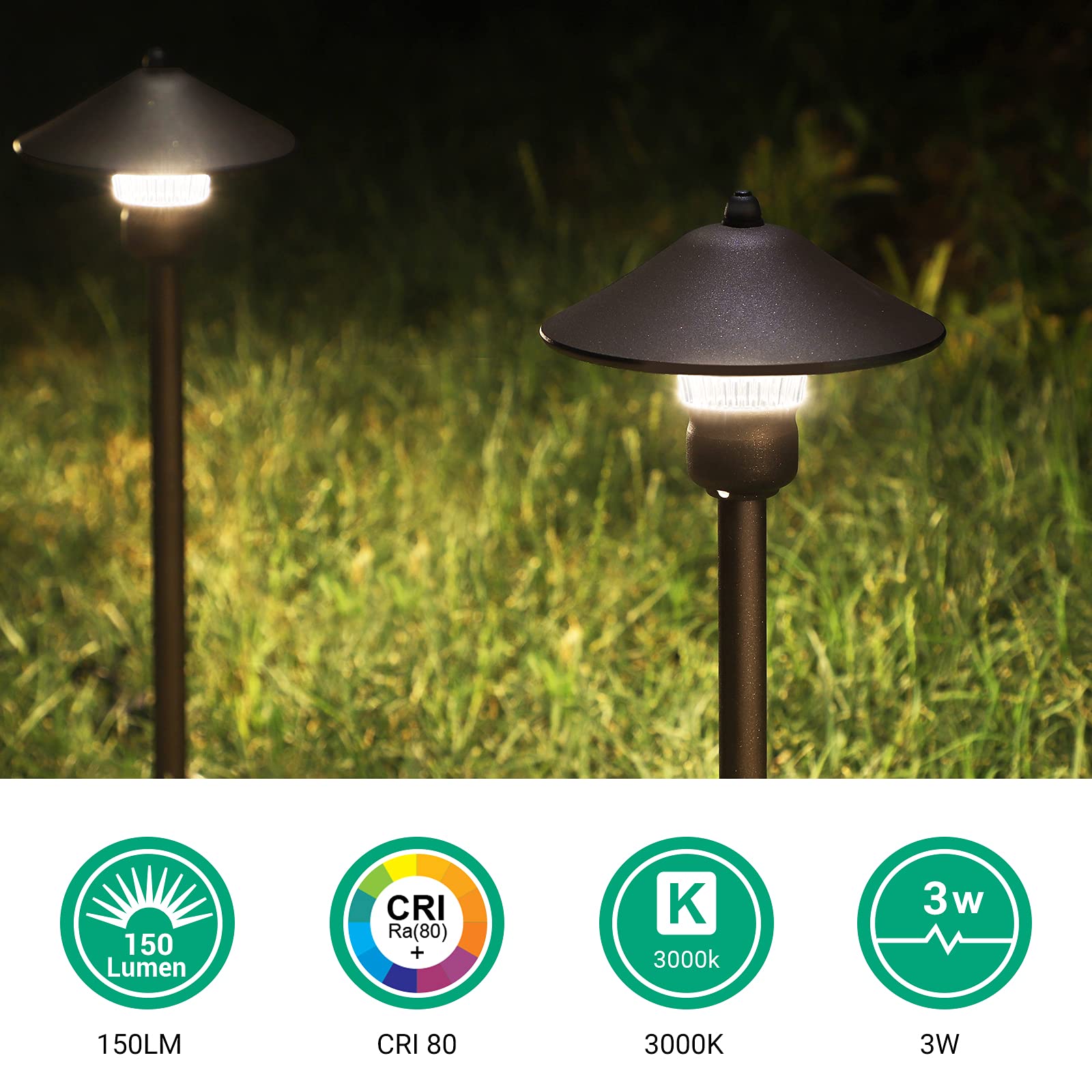 EDISHINE Low Voltage Landscape Lighting 3W LED Pathway Lights, 150 LM, 3000K, Waterproof Aluminum, Black, Model HGSL06A