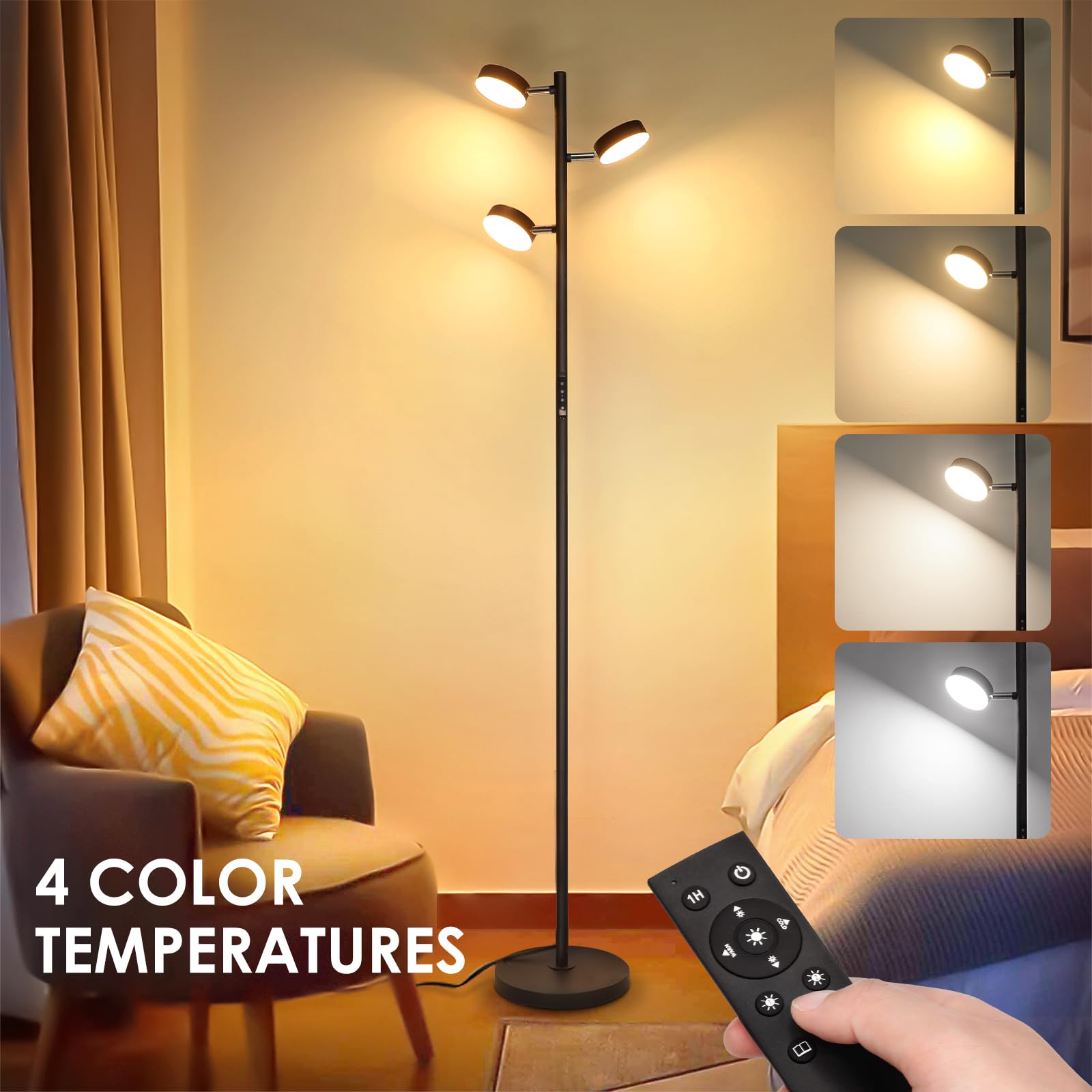 Led Tree Floor Lamp, Dimmable Modern Floor Lamp With Remote & Touch Control, 3 Rotatable Light Floor Lamps With Timer, 4 Color Temperatures, Tall Standing Lamp For Living Room, Bedroom, Office, Black