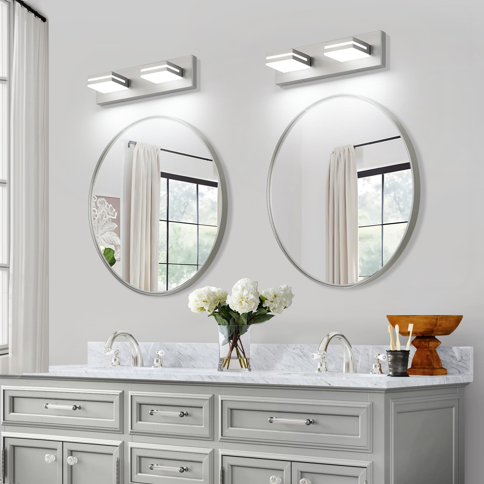Sinerise Led Modern Bathroom Vanity Light Fixtures (2-Light  15.5-Inch  Dimmable)  Brushed Nickel Modern Acrylic Bathroom Wall Lighting Fixtures Over Mirror (Cool White 6000K)