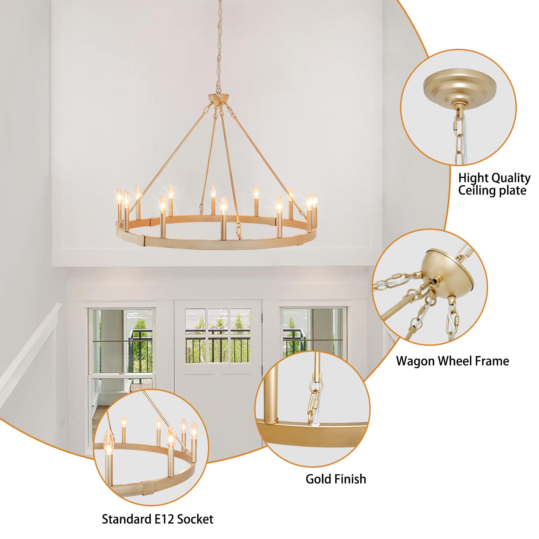 Rviezza Gold Wagon Wheel Chandelier 37.4 Inch, 12-Light Large Round Industrial Gold Farmhouse Chandeliers For High Ceilings Dini