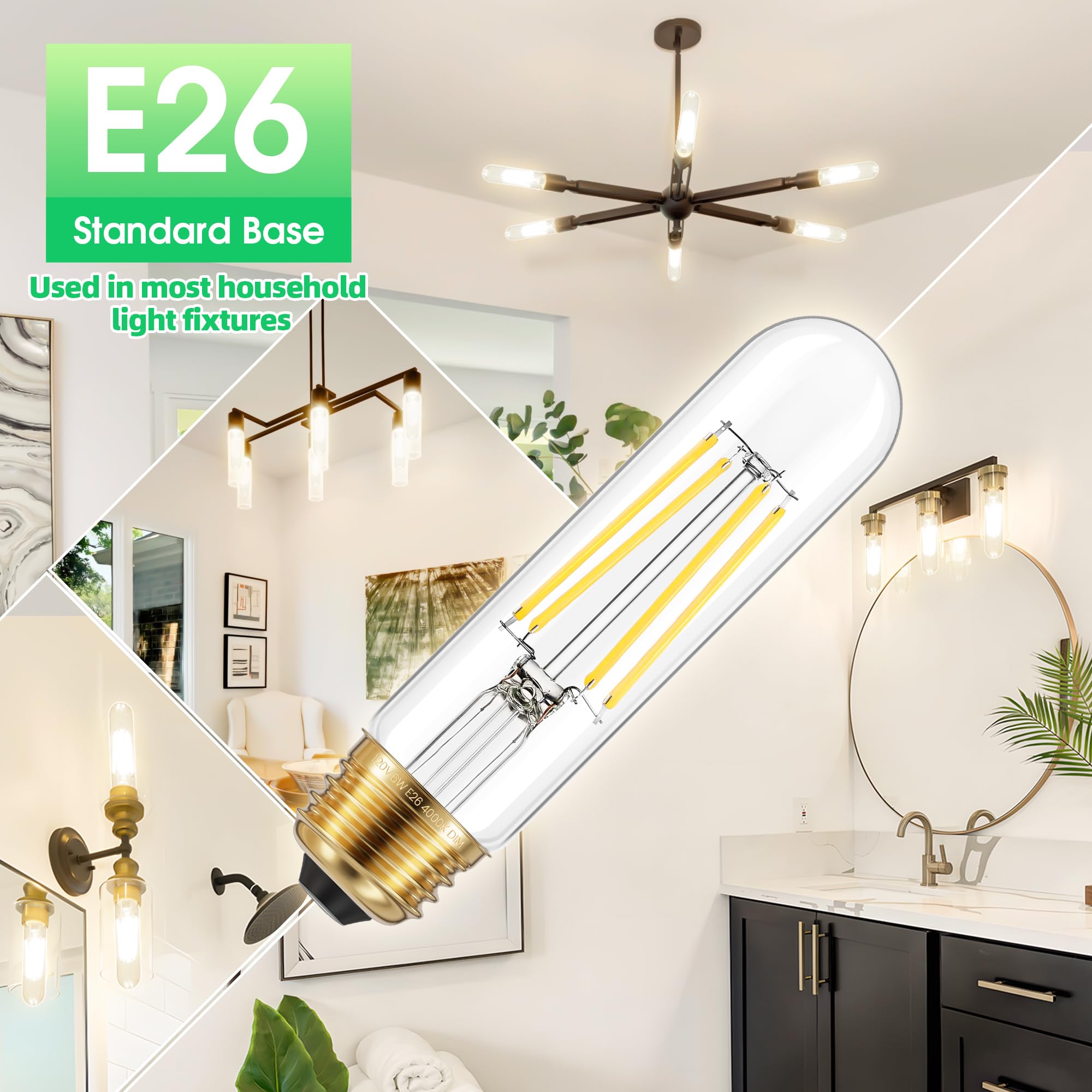 Ggoying Dimmable E26 Led Bulb 60W Equivalent, 600Lm Neutral White 4000K E26 Edison Bulbs, 6W Tubular T10 Led Bulb For Rustic Pen