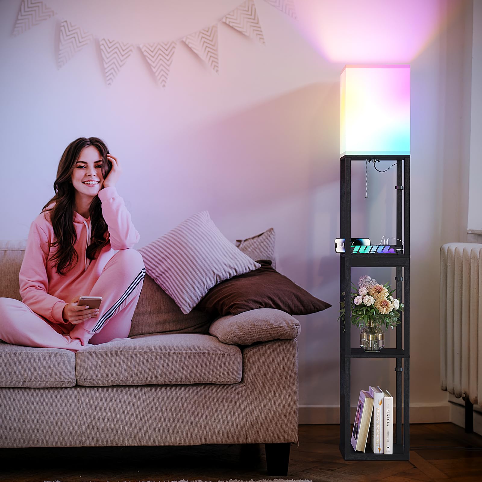 Sunmory Floor Lamp With Shelves, Rgb Light Dimmable Standing Lamp With App Control, Tall Shelf Lamp For Living Room And Bedroom,