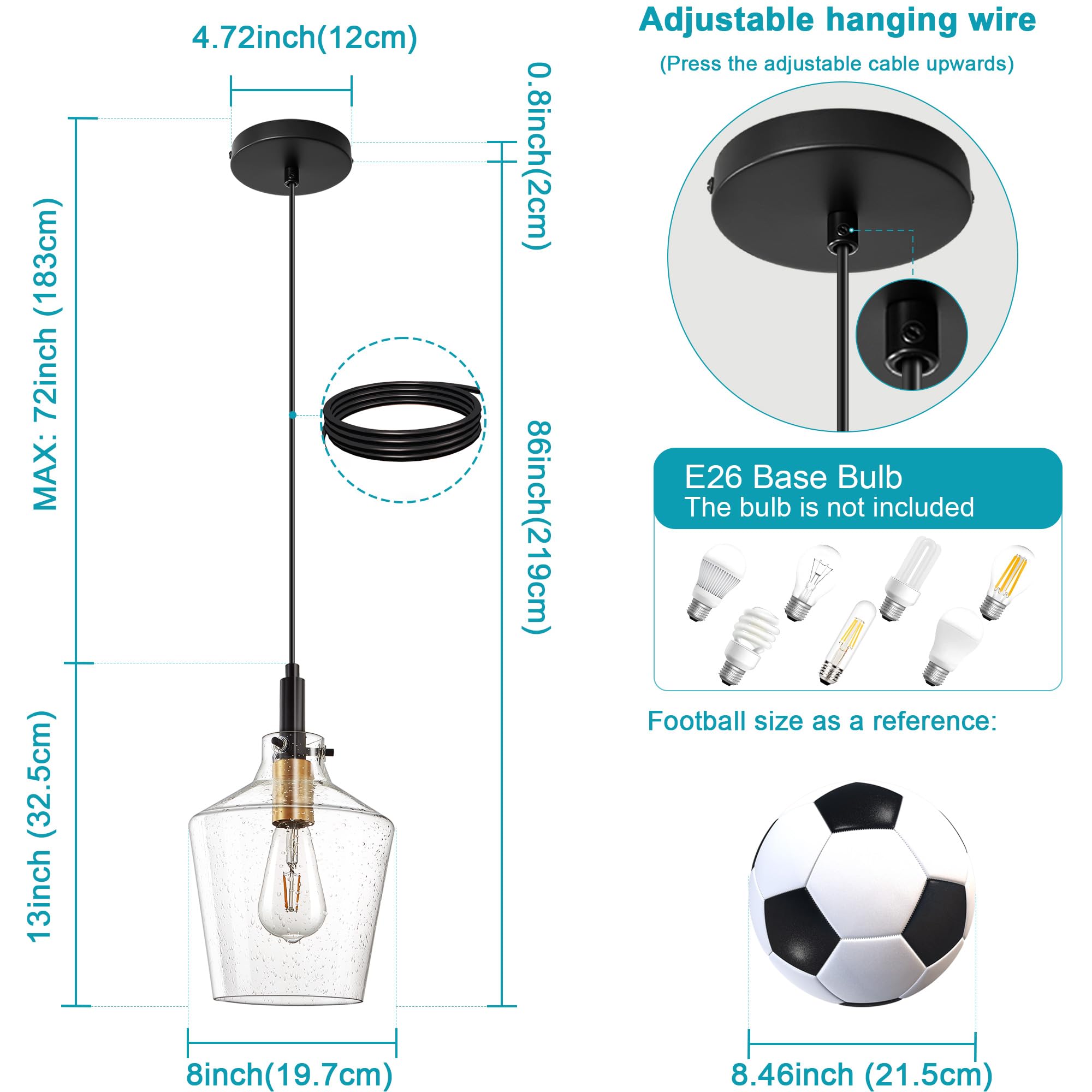 Vaziden Modern Seeded Glass Pendant Light, Adjustable 8" Black Gold Fixture, Farmhouse Style, Model 1508, 1 Pack