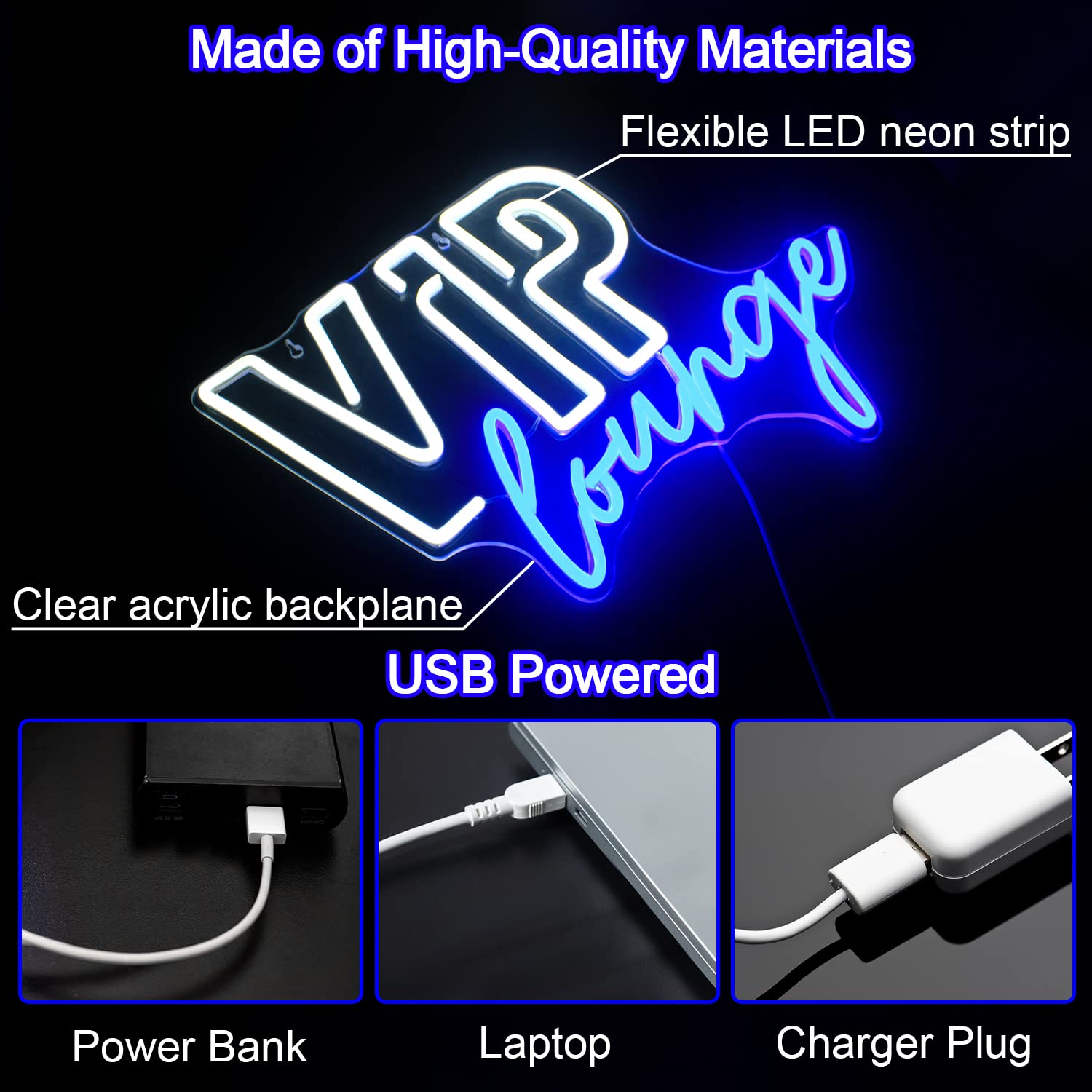 Horseneon VIP Lounge Neon Sign - LED Wall Decor for Bar, Hotel, Cafe, Home - USB Powered, Blue & White Acrylic