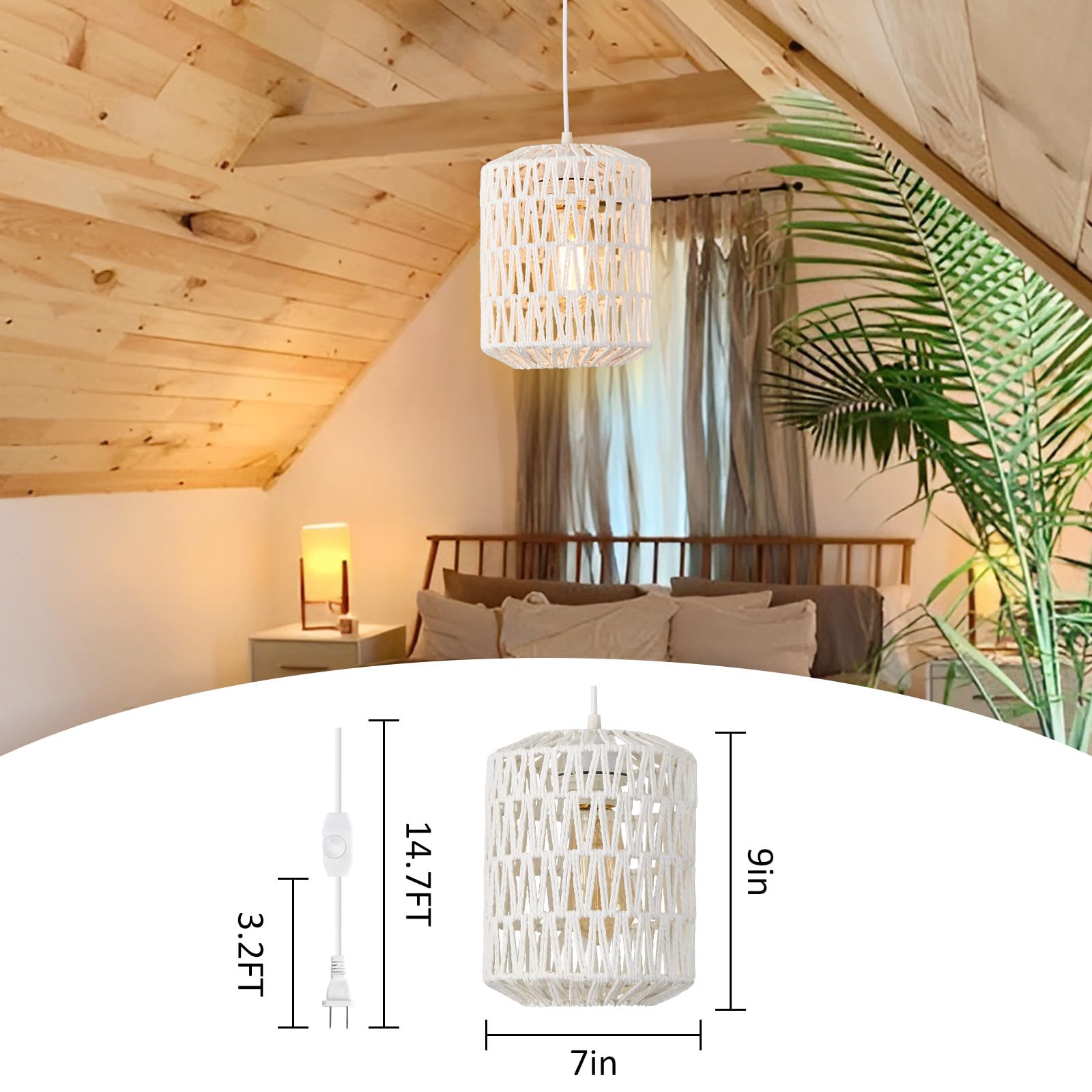 Plug In Pendant Light, Rattan Hanging Lights With Plug In Cord 15Ft Dimmable Cord, Hand Woven Wicker Lampshade Hanging Lamp, Boh