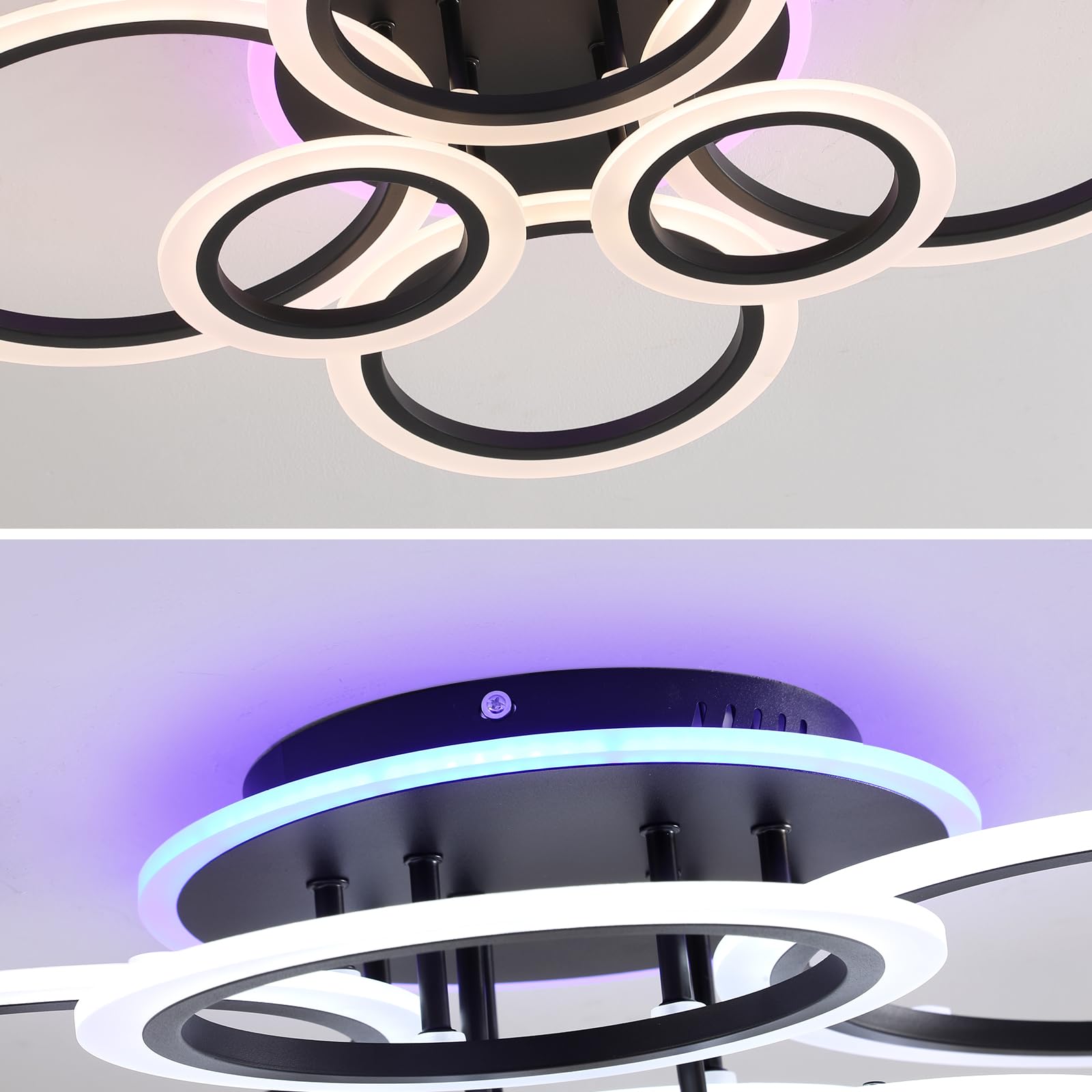 Stch Modern Led Flush Mount Ceiling Light Dimmable, Ceiling Light Fixture With Remote, Black 6 Rings Lighting Fixture Ceiling La