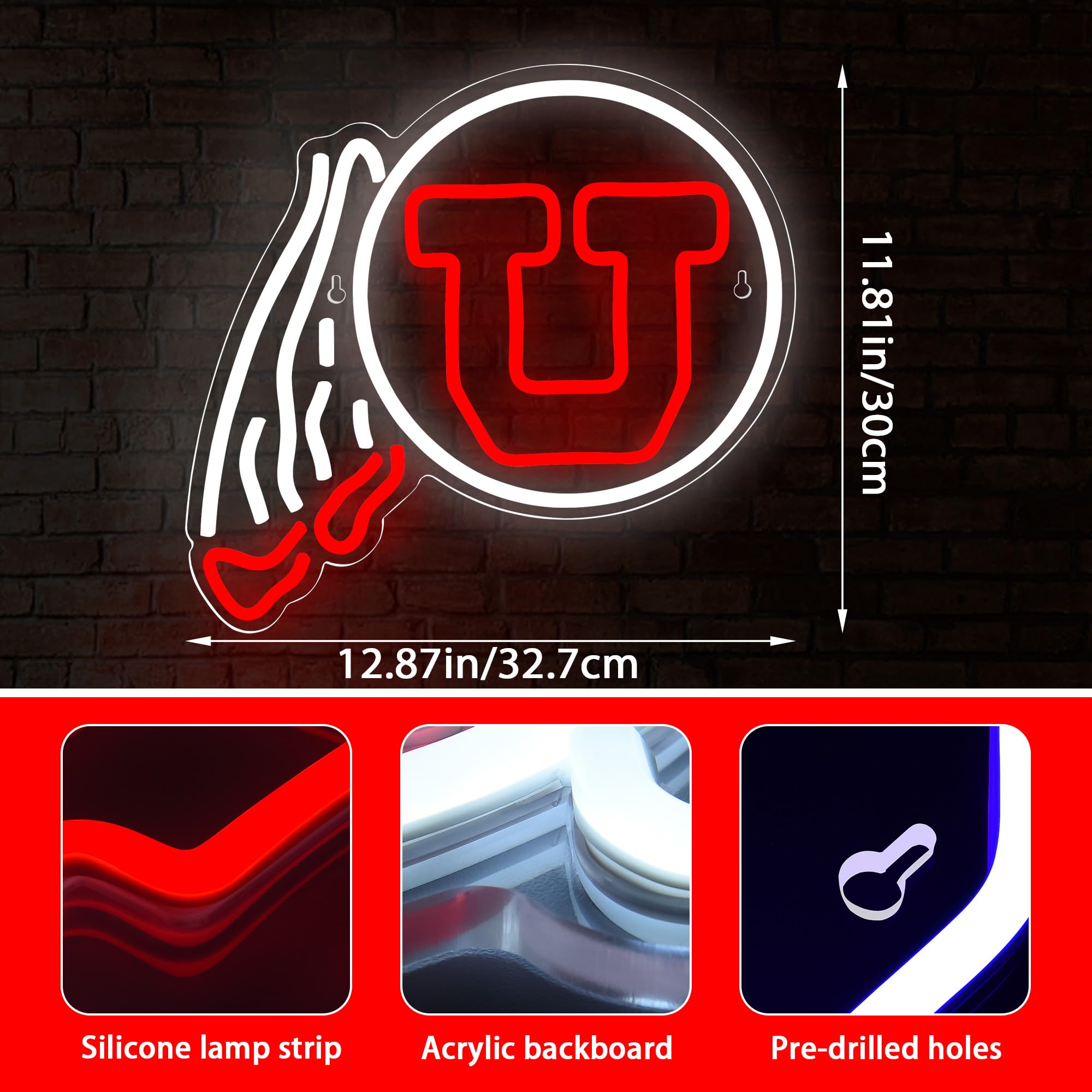 LALAON University Neon Sign LED Wall Decor for Football Team, 12.9x11.8in, Red and White Acrylic, Model ZKXD10001