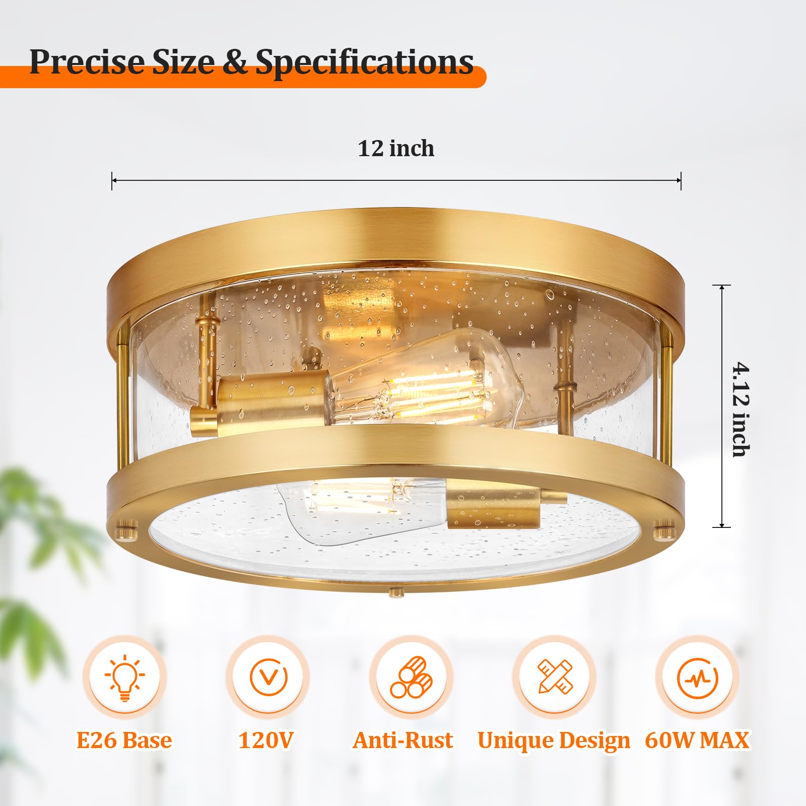 2-Light Gold Close To Ceiling Light Fixture, Farmhouse Light Fixture With Seeded Glass Lampshade, Industrial Flush Mount Ceiling