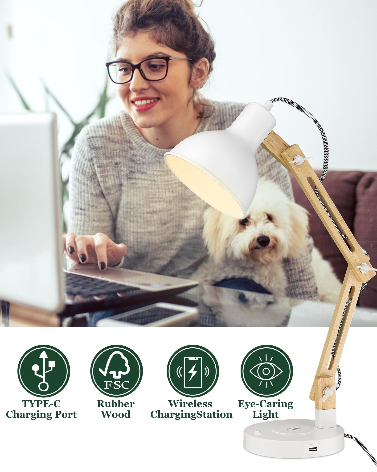 Elyona White Desk Lamp With Wireless Charger & Usb C, Solid Wood Swing Arm Light For Home & Office