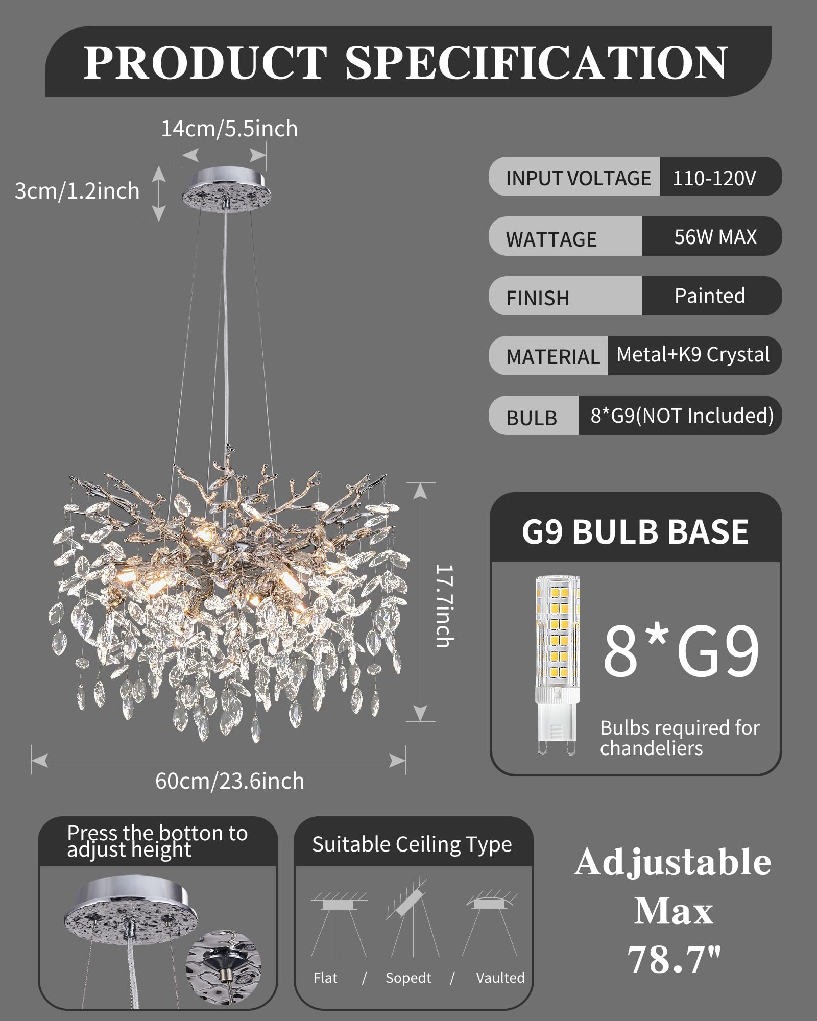 Modern Tree Branch Crystal Chandelier Luxury Silver Crystal Pendant Lighting 23.6'' Contemporary 8-Light Chandeliers For Dining