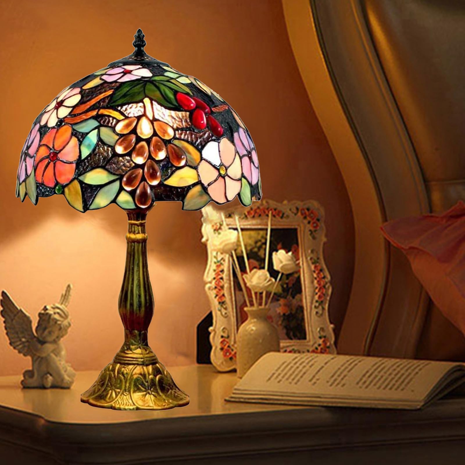 Fumat Tiffany Table Lamp For Living Room Stained Glass Grape Rose Hand-Made Table Lamp For Bedroom 12X12X18Inch Tall Bedside Nig