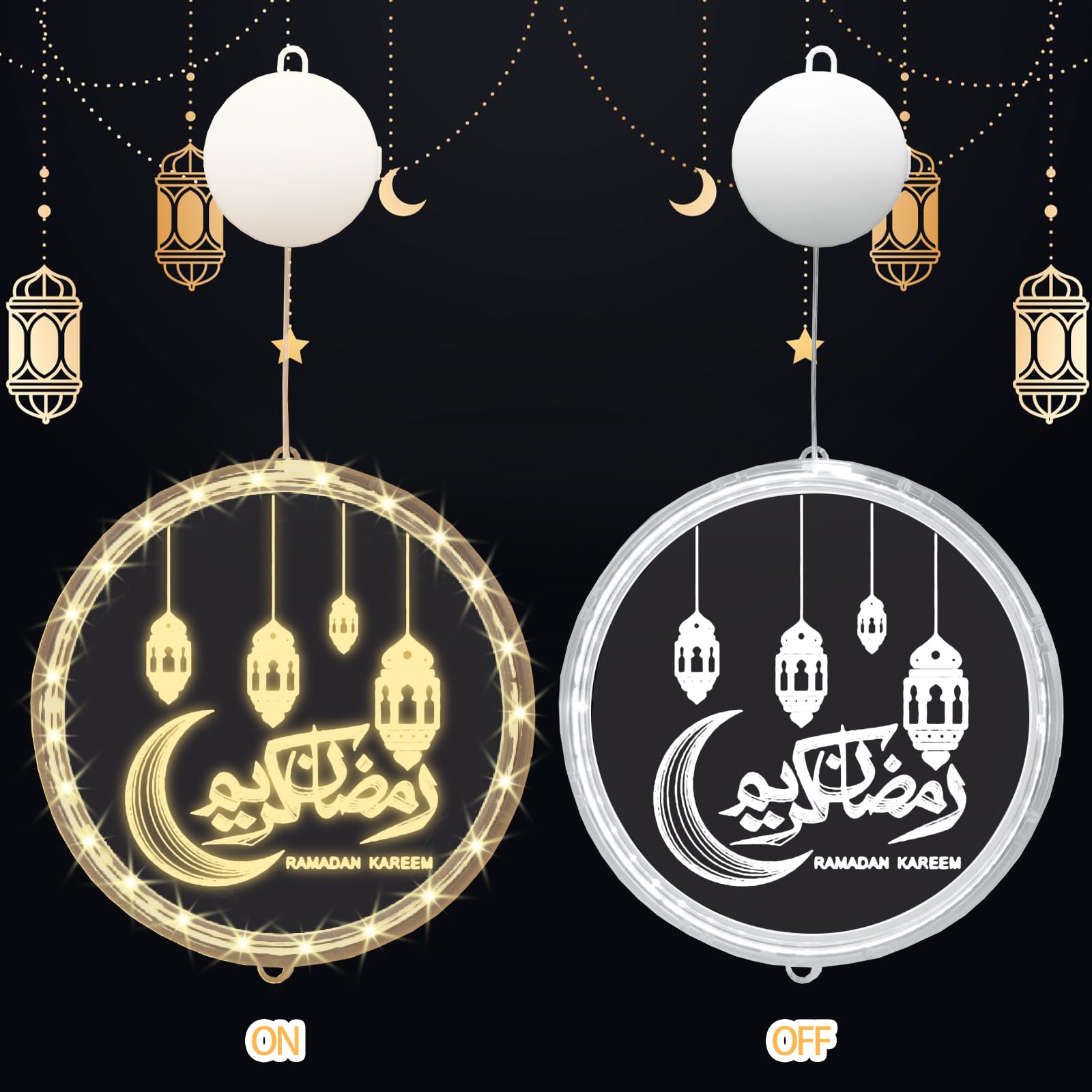 ALIBBON 3D Moon Lantern LED Lights for Ramadan & Eid, Acrylic, Style3, Model HL-EM-LL-240105-03, Battery Operated, Suction Cup