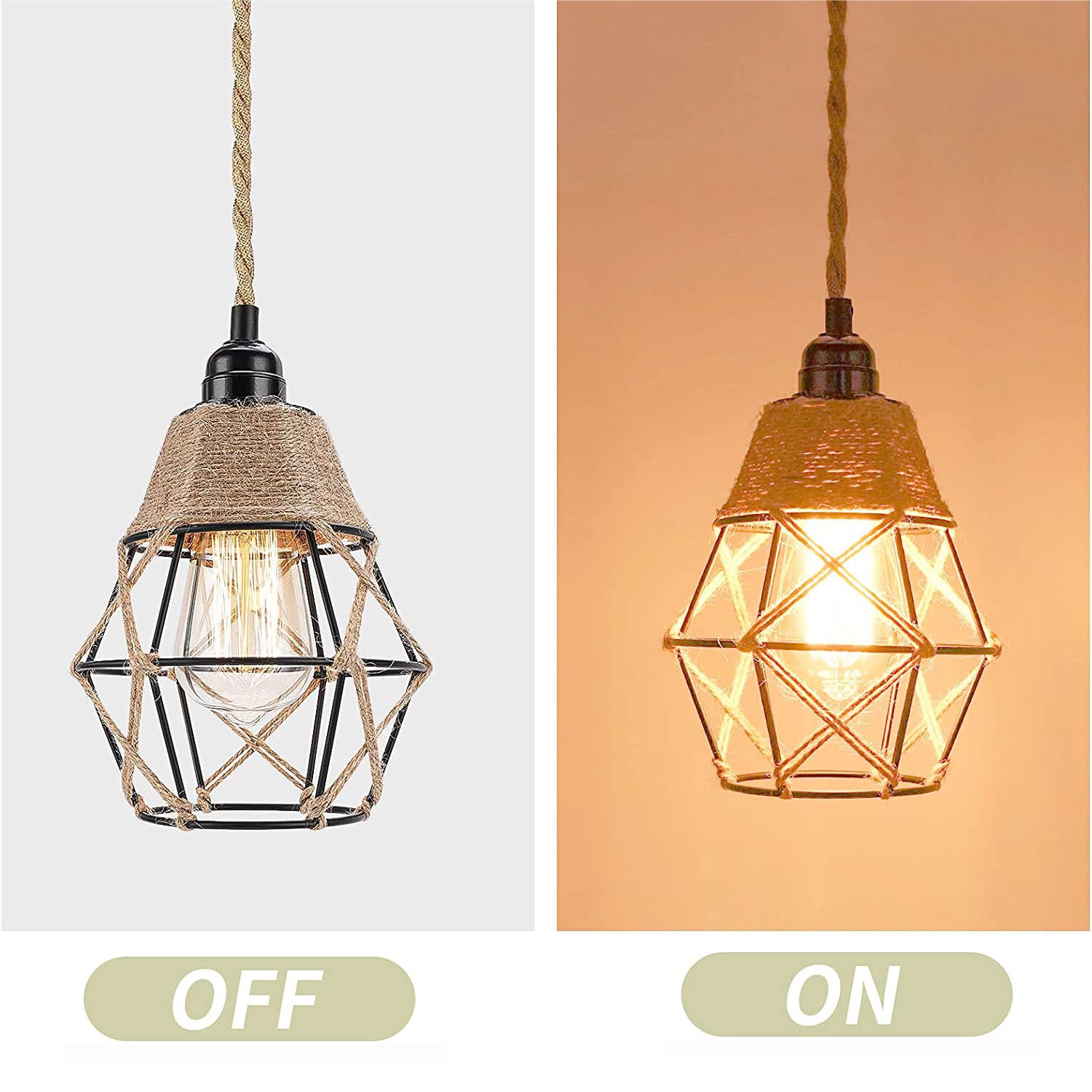 Vintage Boho Lamp Shades - Rustic Industrial Woven Pendant Light Wall Sconces Lampshade - Metal Bulb Guard Cage For Hanging Pend