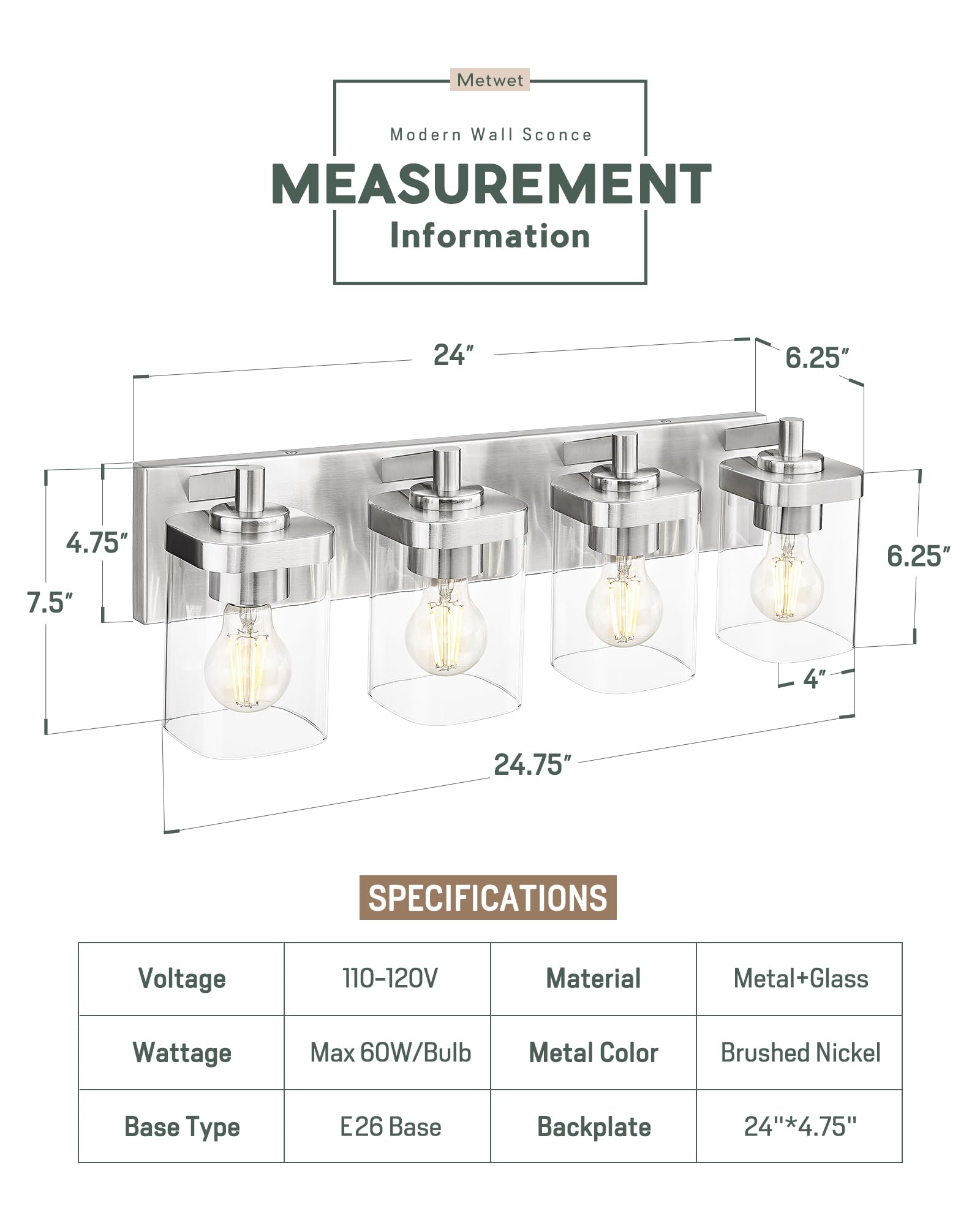 METWET 4-Light Vanity Light Fixtures, Brushed Nickel, Square Clear Glass Shade, Model VL194-BN-4