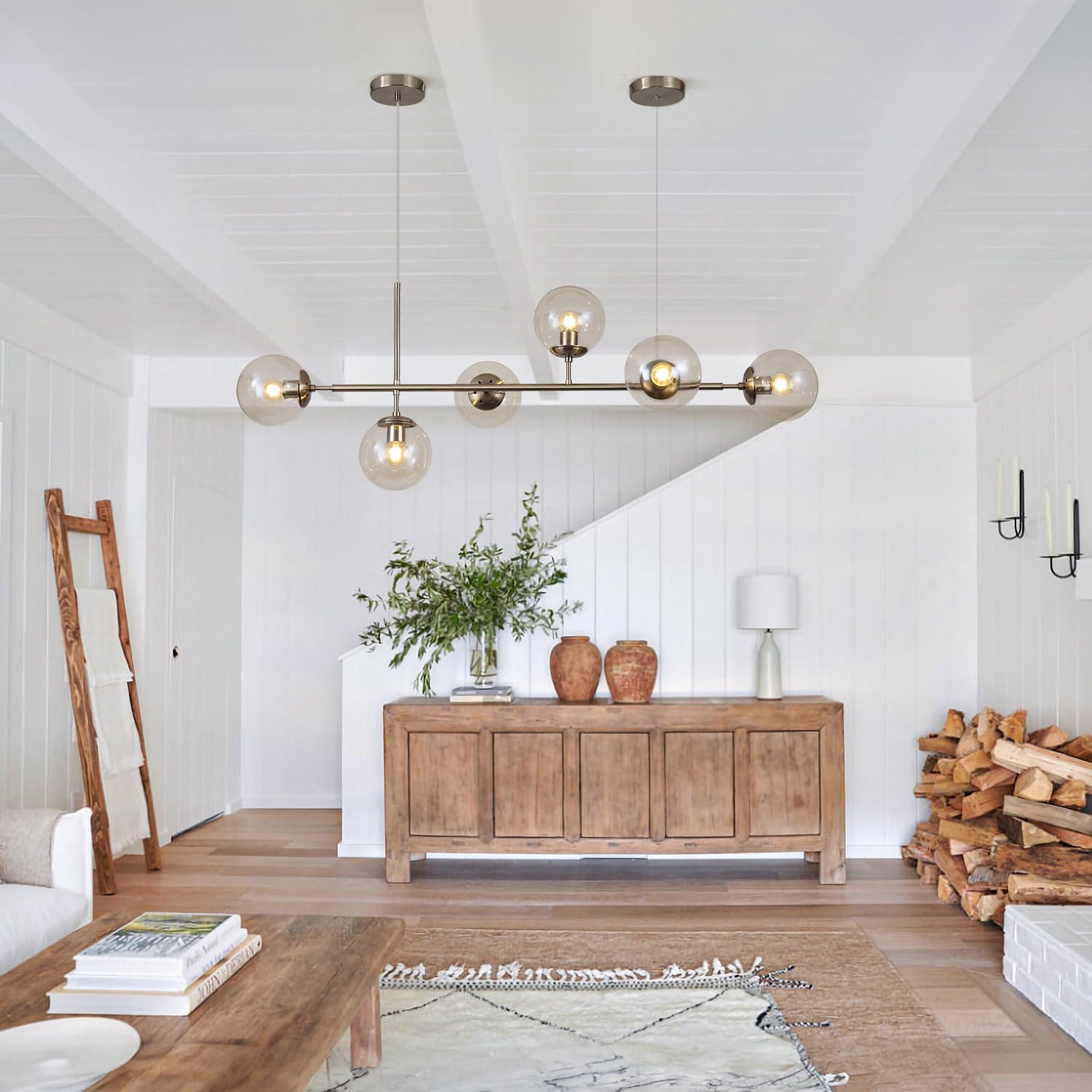 KCO Lighting Mid-Century Modern 6-Light Glass Globe Chandelier Brushed Nickel Silver+Amber