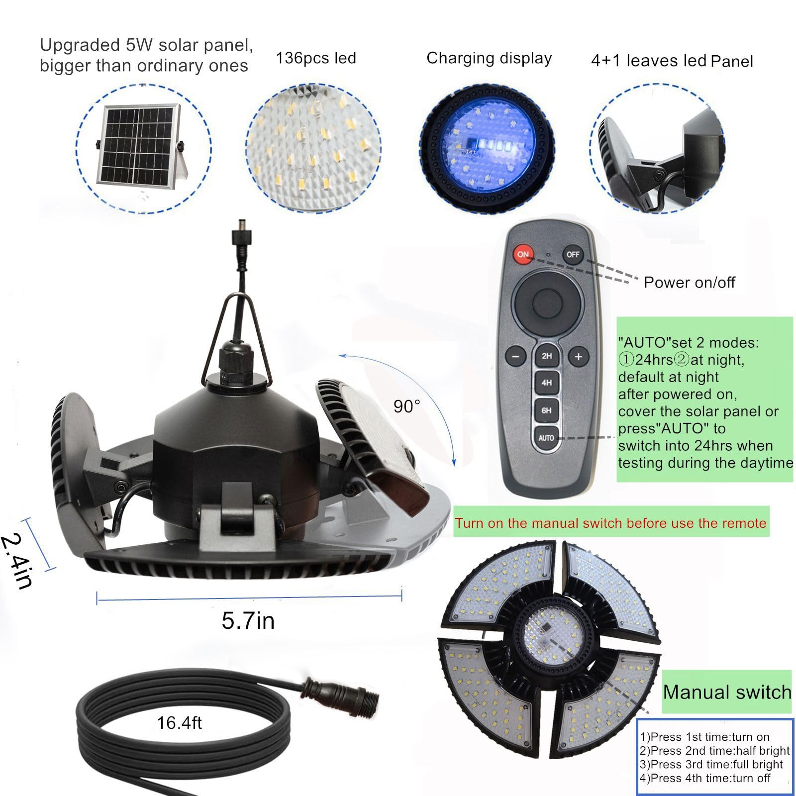 Hulppre 136 Leds Solar Shed Light With Remote - Ip65 Indoor/Outdoor Pendant Light, Black