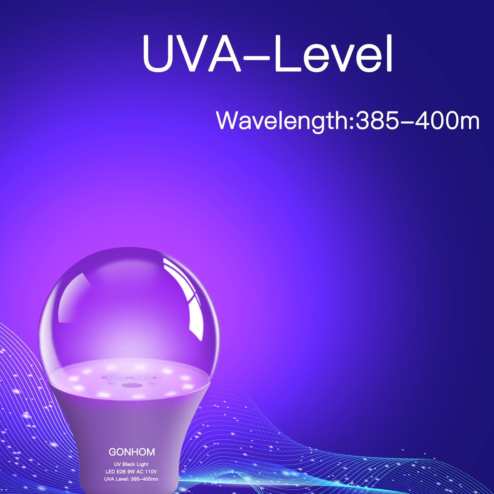 Gonhom 4 Pack A19 Led Black Light Bulbs,Dimmable 9W Blacklight Bulb(100W Equivalent), E26 Base 110V, Uva Level 385-400Nm, Glow I