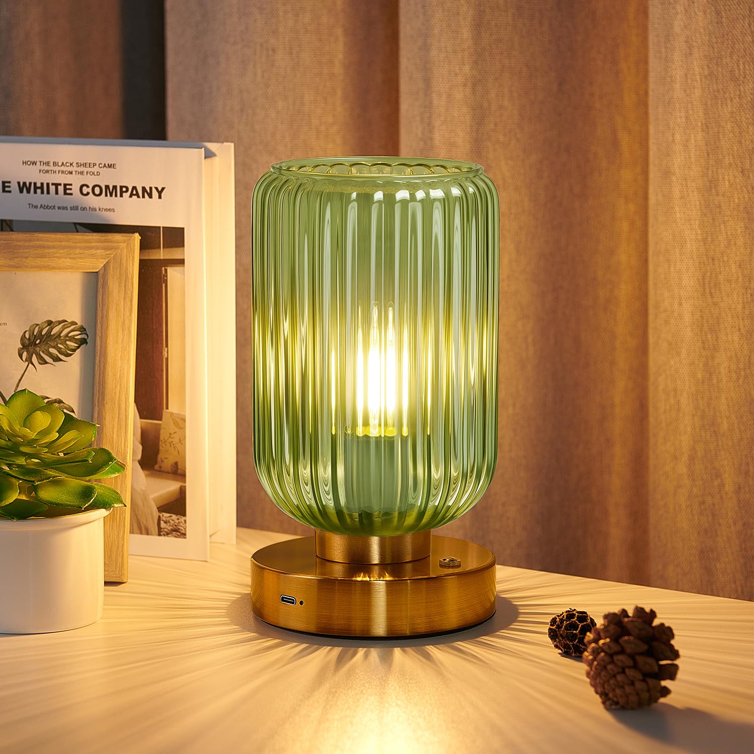 LightRound Cordless Table Lamp for Bedroom  7500mAh Rechargeable Battery Operated Lamp  Modern Touch Dimmable Wireless Lamp Gold Base Green Glass Shade for Living Room  Desk  Led Bulb Included