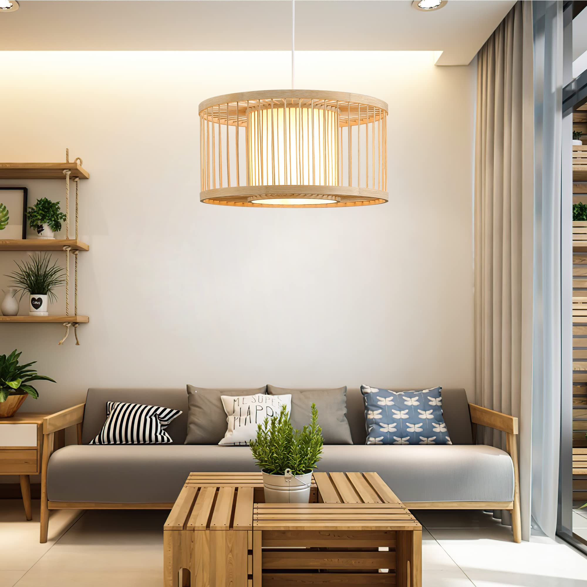 Karjearl Rattan Pendant Lights, 15.8'' Boho Wicker Pendant Light Handwoven Rattan Chandelier Beach Country Natural Hanging Light