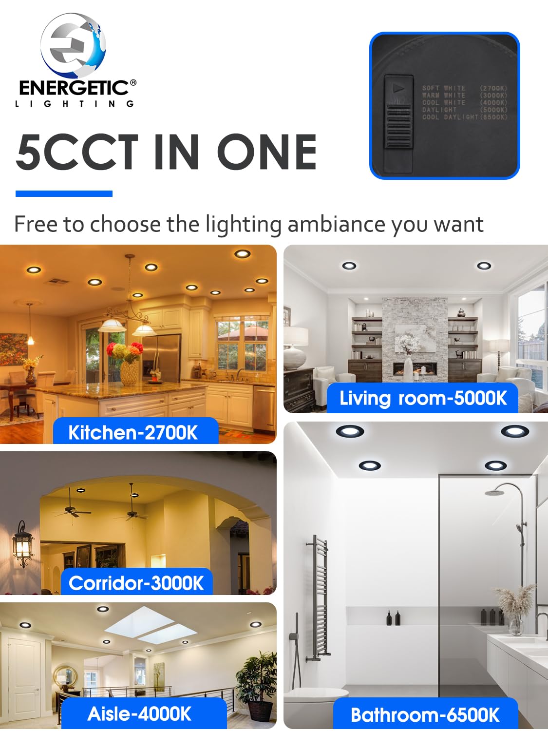 2 Pack 5/6 Inch 5Cct Black Led Recessed Lighting Retrofit  2700K/3000K/4000K/5000K/6500K Selectable  Dimmable Can Lights With Baffle Trim  12W=150W  High Brightness 1000Lm  Wet Rated  Etl Certified