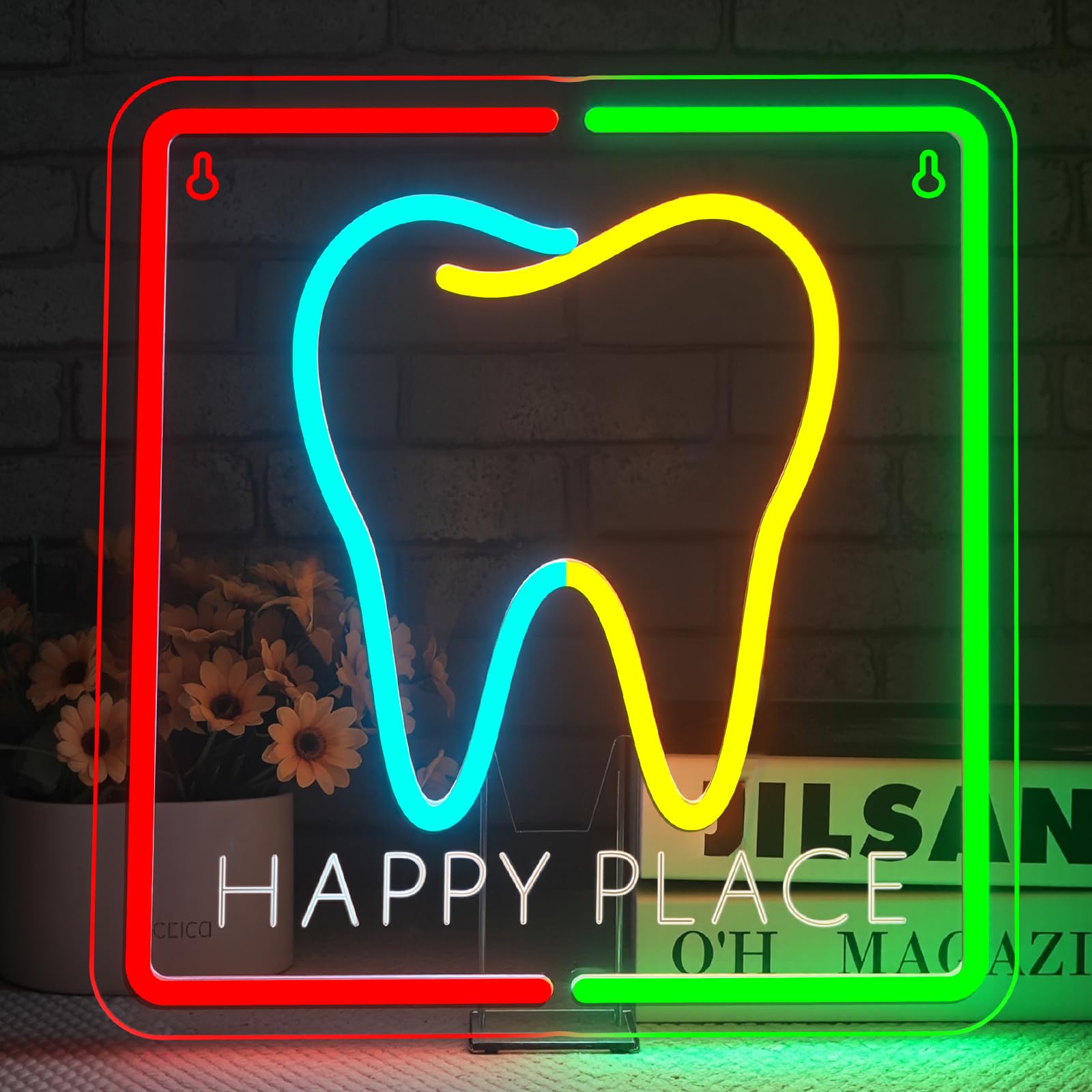 Wanxing Happy Place Tooth Neon Sign, Colorful LED Light, Dimmable Brightness, USB Powered, Kids·Dentistry & Home D?or