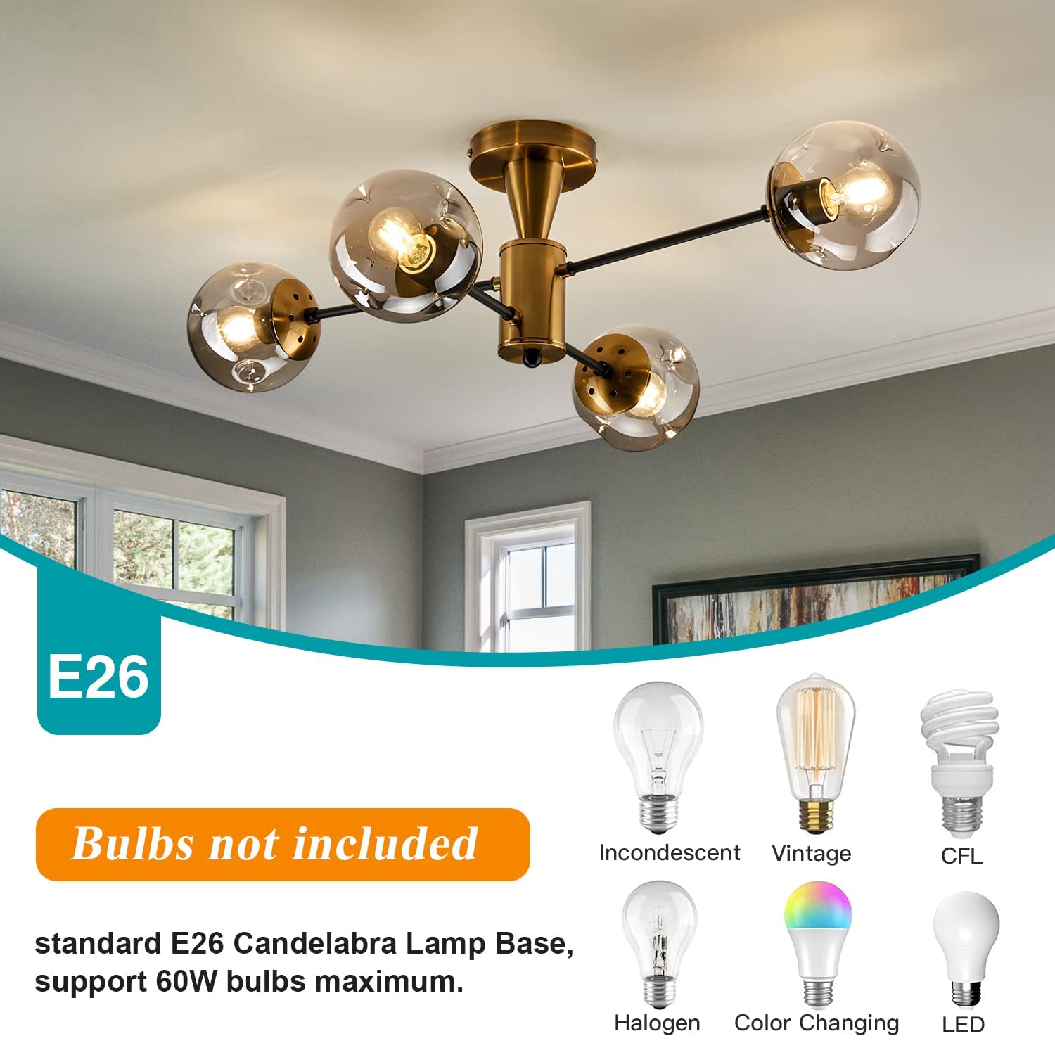 Hesoge Modern Semi Flush Mount Ceiling Light Fixture, 4-Light Gold Mid Century Chandelier With Glass Globe,Ceiling Lighting For