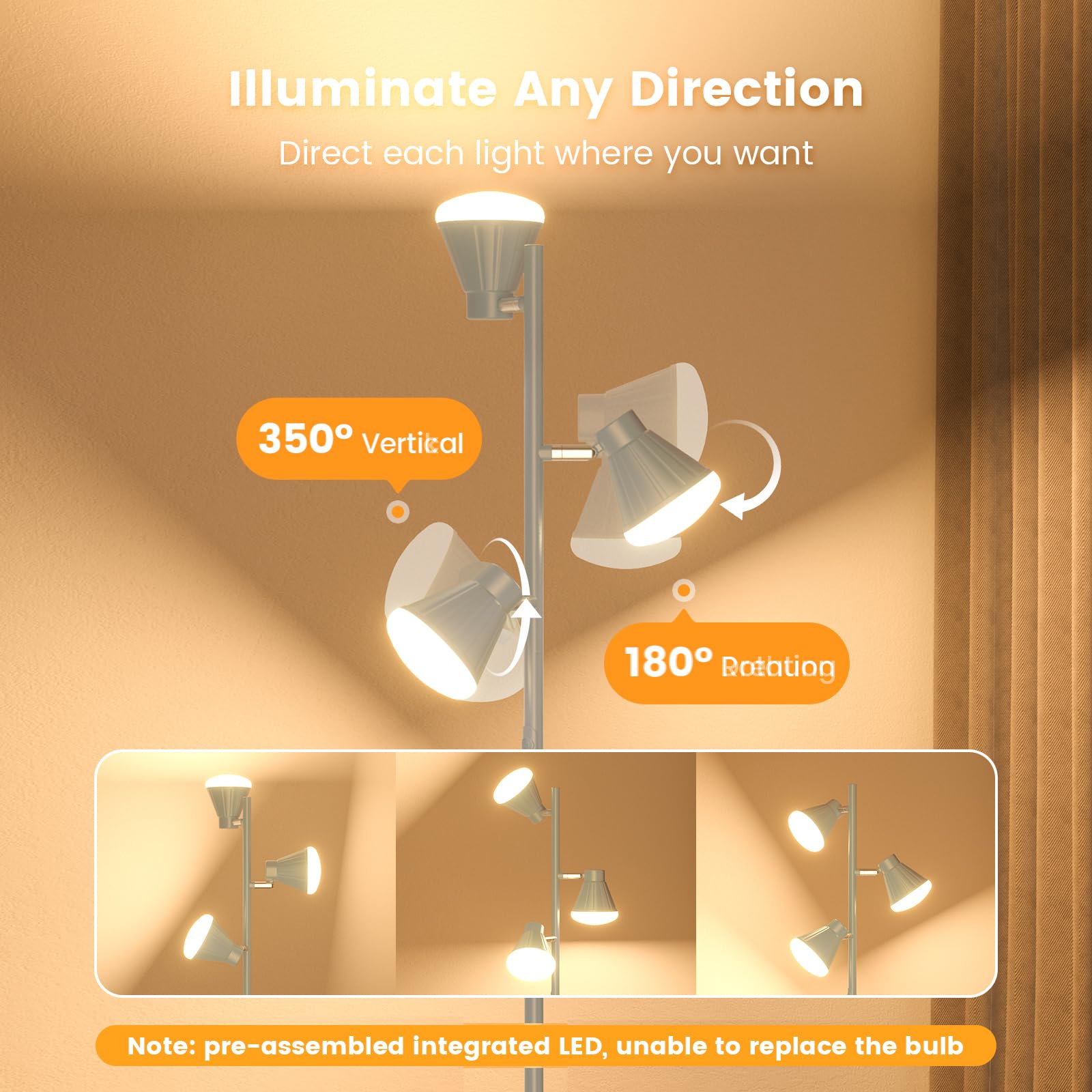 SIBRILLE 36W LED Tree Floor Lamp, Dimmable, Remote & Touch Control, Silver Gray, Model H107812
