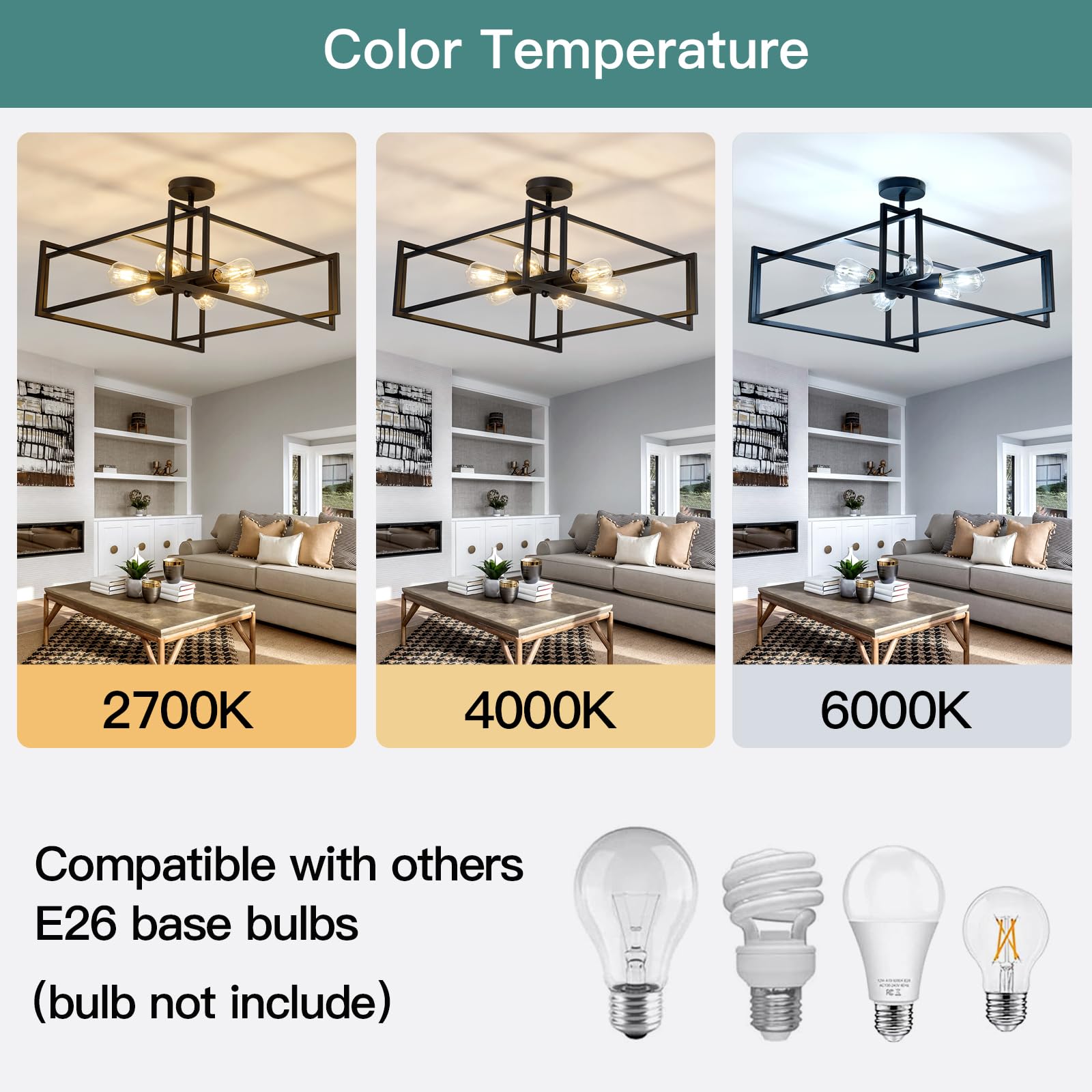 ZGLAOJT Industrial Flush Mount Ceiling Light, 6 Lights, 22.83 Inch, Iron, Black, Model F-1427, Farmhouse Chandelier for Kitchen and Dining Room