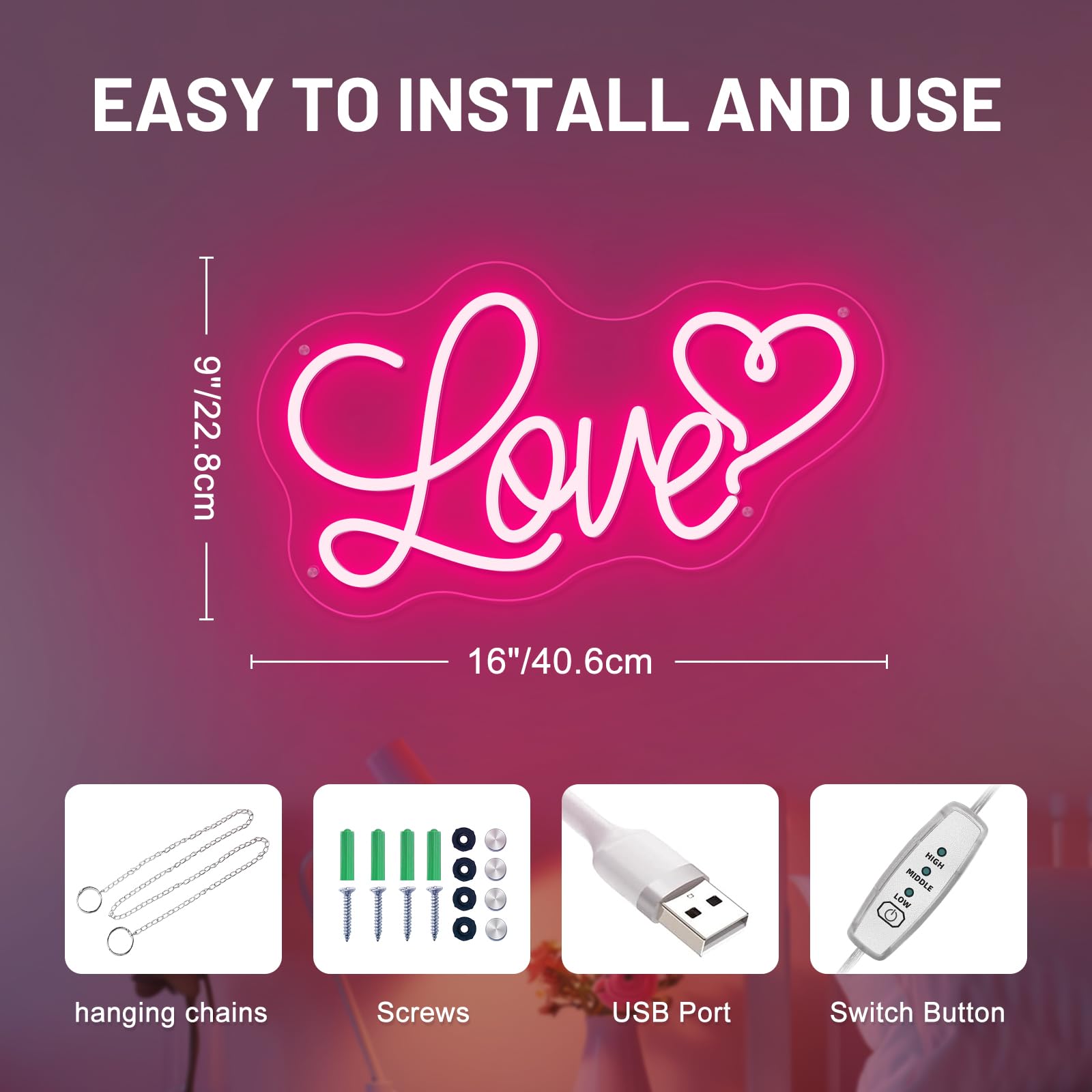 Love Heart Neon Sign 16X 9 In 3 Levels Dimmable Usb Love Neon Lights For Wall  Kids Bedroom  Wedding Party Decoration Neon Light  Gift For Kids  Girlfriend  ValentineS Day
